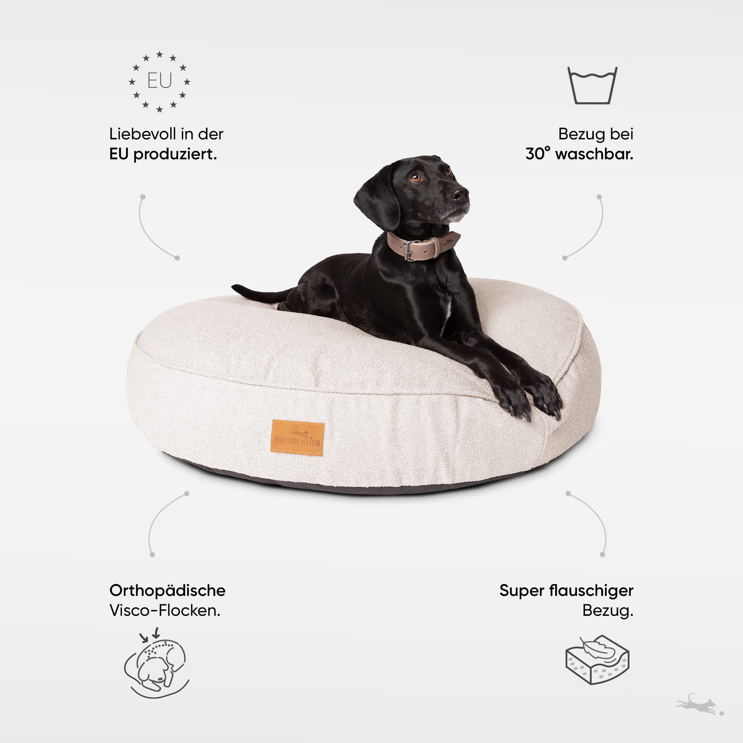 FREUDENTIER Orthopädisches Hundekissen XL - Waschbar - 100cm, rund | Hundekorb XL aus kuschelweichem Bouclé Stoff für große Hunde - Hundesofa mit abnehmbarem Bezug - Made in EU - Liegekissen