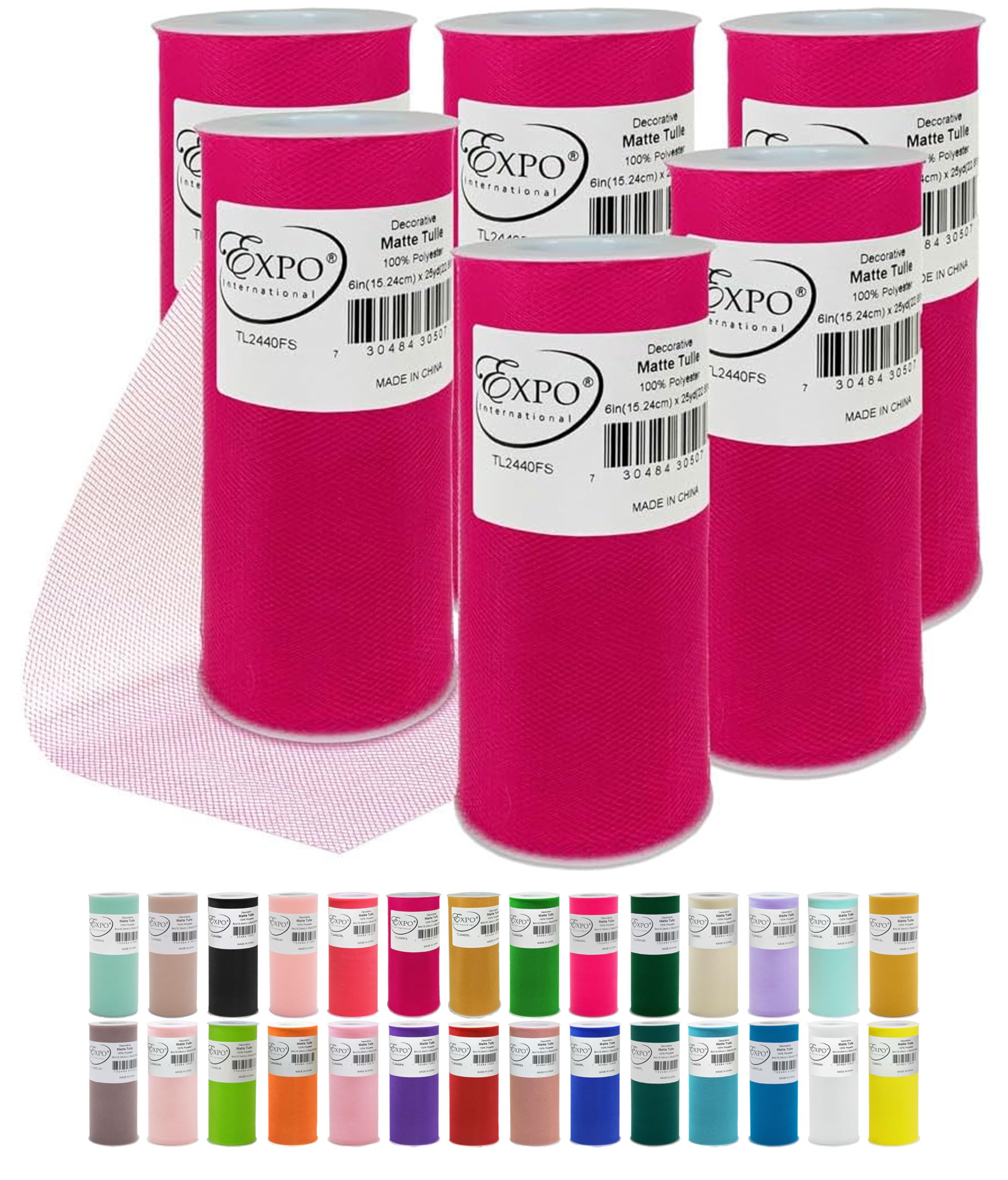Expo International Decorative Matte Tulle, Roll/Spool of 6 Inch x 25 Yards (Pack of 6), Polyester-Made Tulle Fabric, Matte Finish, Lightweight, Versatile, Washable, Easy-to-Use, Fuchsia