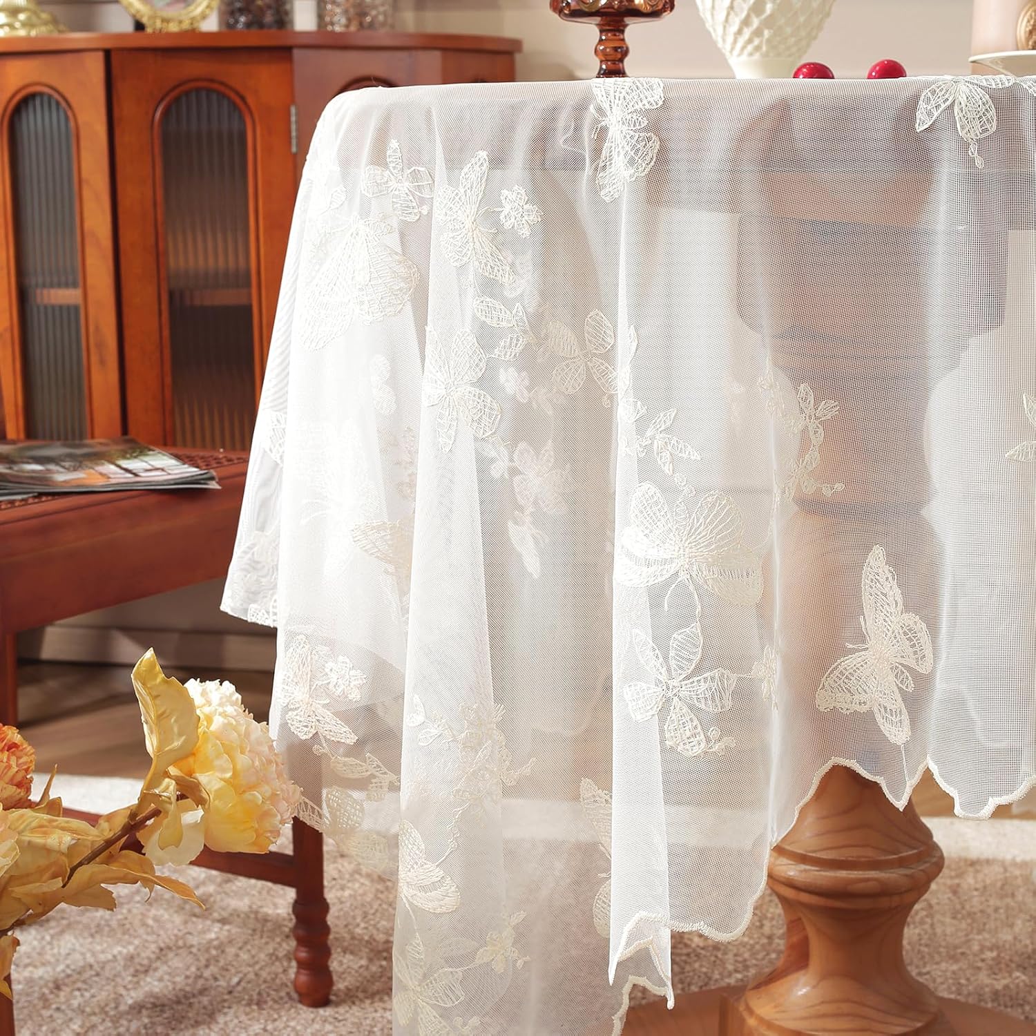 White Lace Tablecloth 55 x 102 Inch Vintage Beige Butterfly Embroidered Rectangle Table Cloth Rustic Boho Shabby Chic Wedding Bridal Shower Table Cover Overlay (Beige D,55"x102")