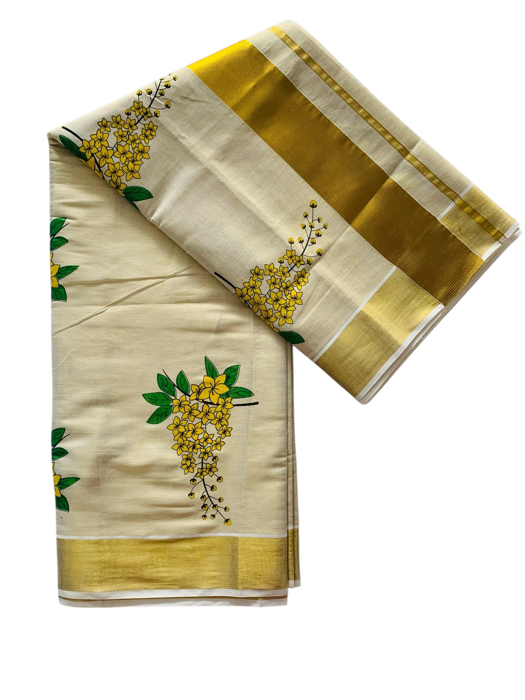 alluvy Women's Kuthampully Kerala Kasavu Saree with Running Blouse Golden Tissue Mural Painted Vishu Kanikonna EKM-461-picture-10