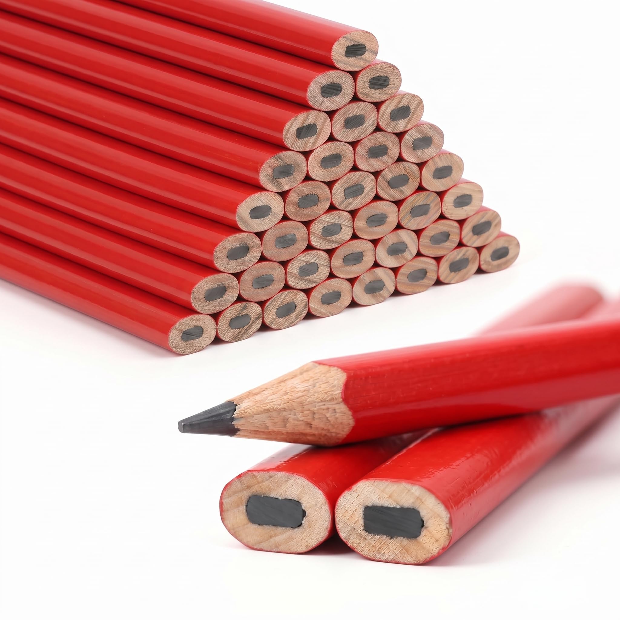 50 Pcs Red Carpenters Pencils HB Woodworking Set Heavy duty flat builders tool