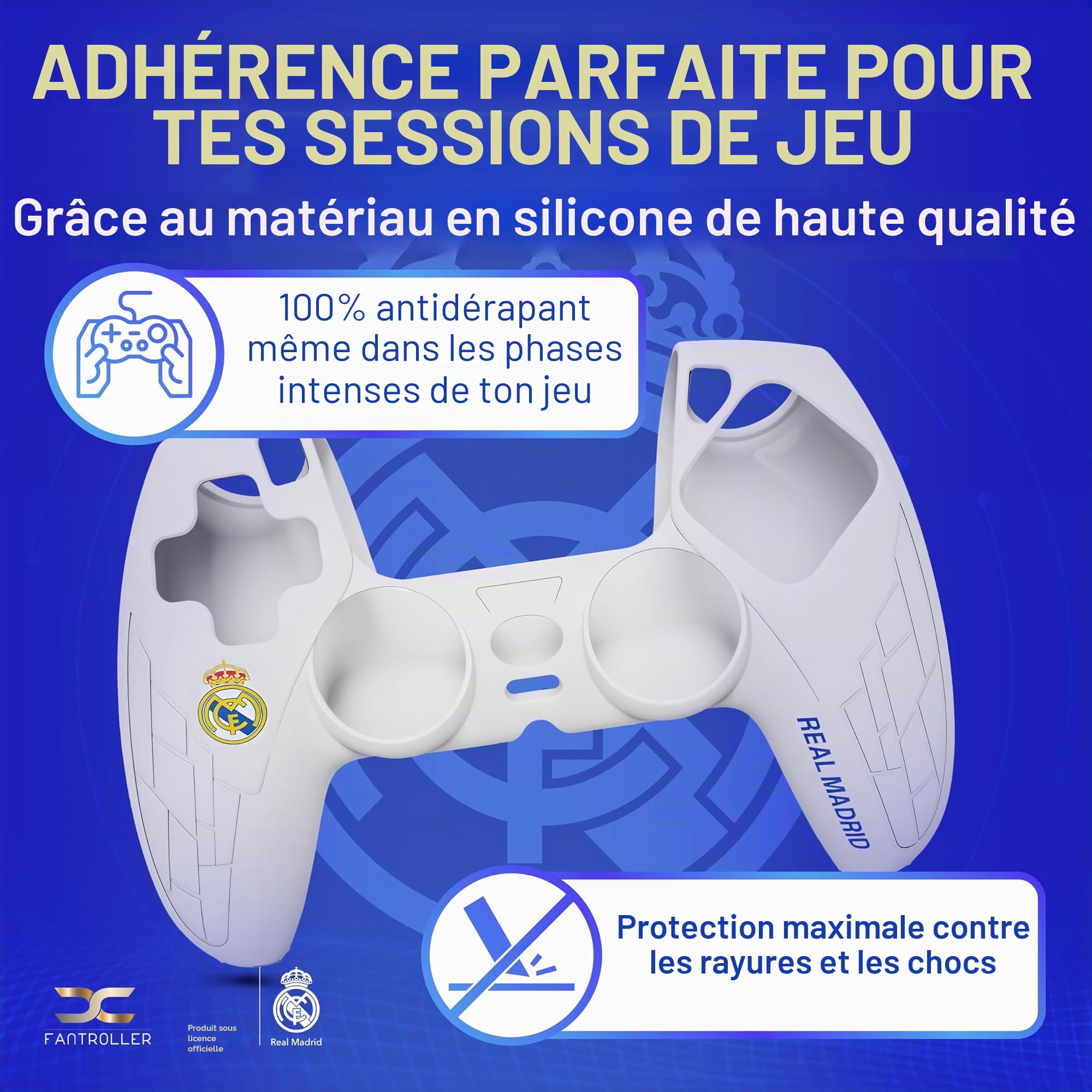 Étui de protection pour manette PS5 au design officiel du Real Madrid pour une protection et une adhérence maximales - Disponible en bleu et blanc