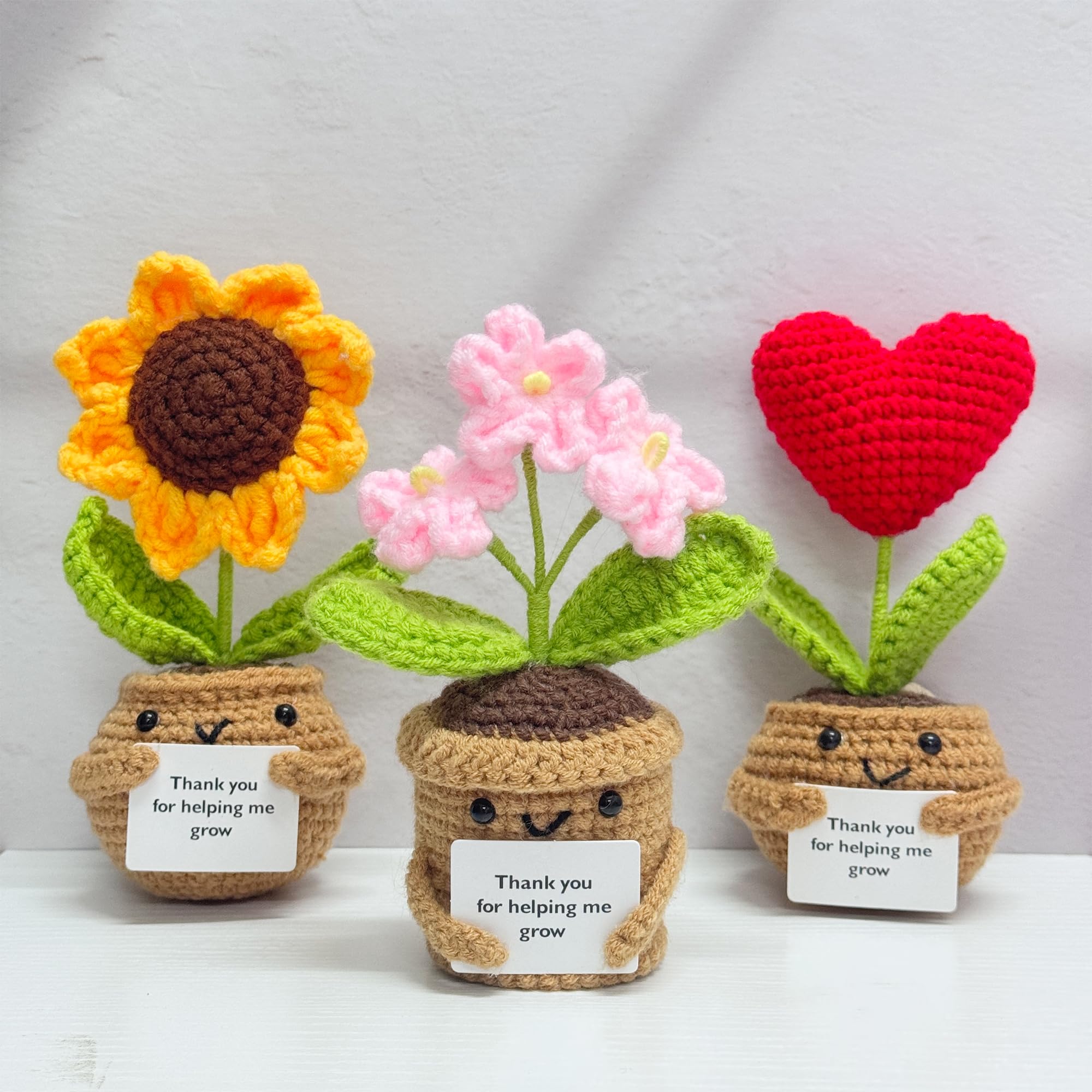 HivFov 3PCS Handmade Crochet Sunflower Red Heart Forget-me-not,Crochet Flowers Gifts,Crochet Potted Plant, Thanks Teacher Gift,Gift for her/Friend/Mom/Teacher,Crochet Flower Home Desk Decor