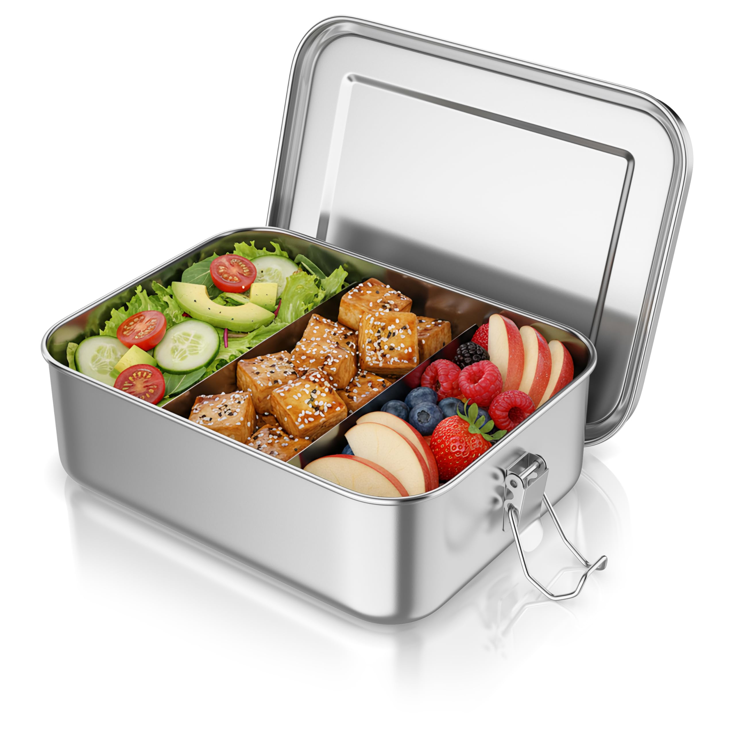 Arendo - Lunchbox Edelstahl – Brotdose 1200 ml – mit Fächern – zwei entnehmbare Trennwände - auslaufsicher dank Silikondichtung - Metall lebensmittelecht - Kinder und Erwachsene