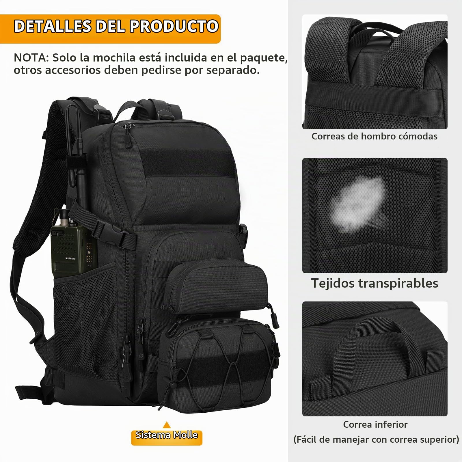 VINBAGGE Mochilas Camping,Mochila Senderismo Mochilas de Viaje Mochila Deporte Mochilas Tacticas Actividades al Aire Libre Acampar/Senderismo/Caza/Montañismo/Montar Bicicleta/30L-Negro