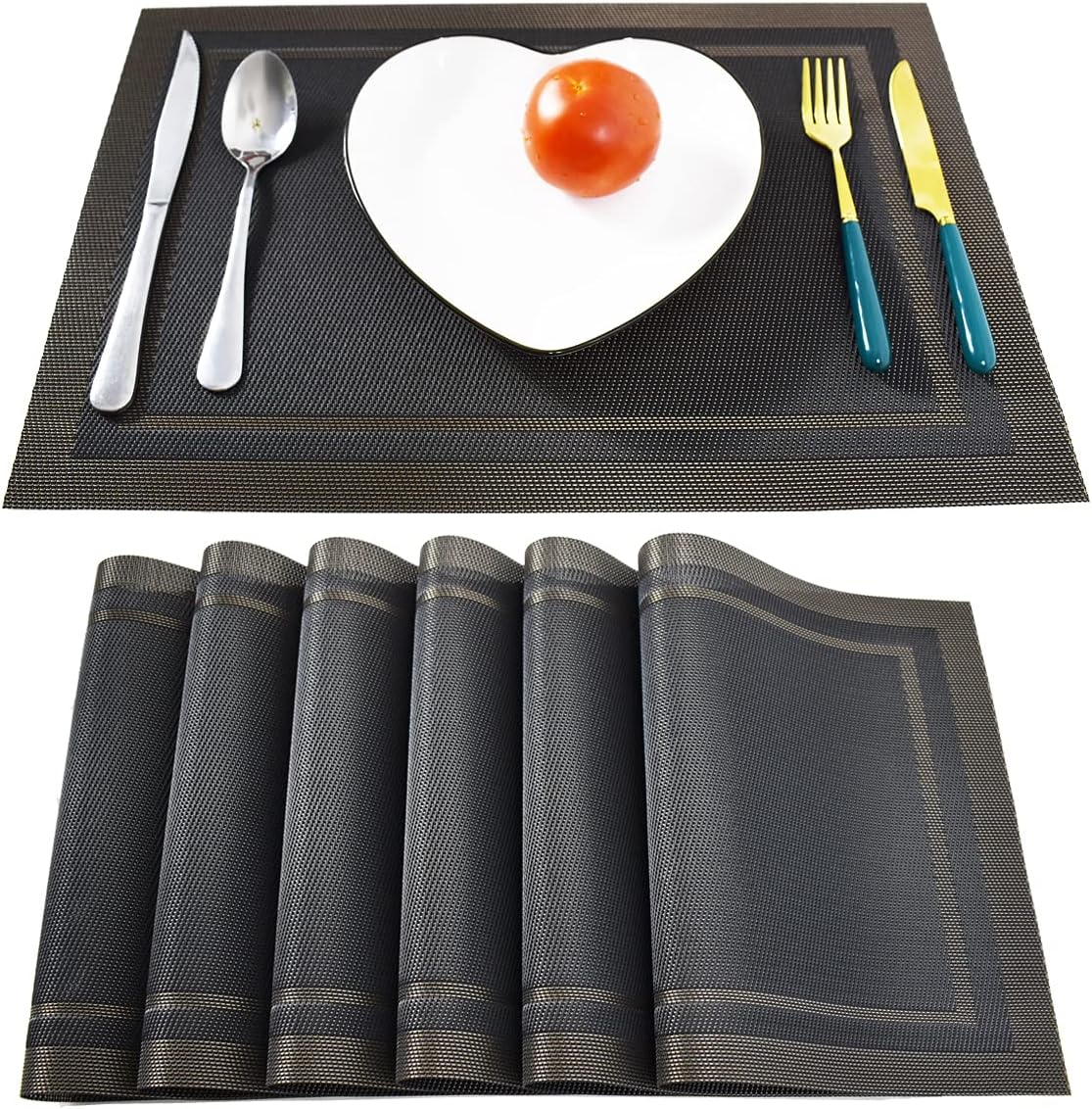 Non-Slip Placemats Set of 6, Heat Stain Ressietant Wipeable Kitchen Dining Table Decorations Easy to Clean Mats, Anti-Skid Vinyl Washable Place Matt (Hollow Square -Black)
