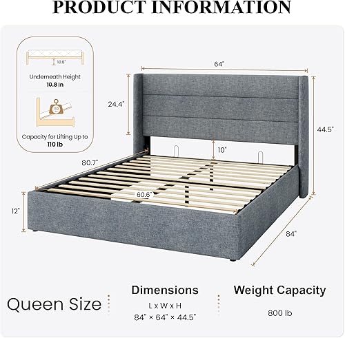 Miniatura 20 de SHA CERLIN Cama de Almacenamiento Elevable Tamaño King/Tapizada en Terciopelo/Cabecera Moderna con Respaldo de Ala/Marco de Cama Plataforma