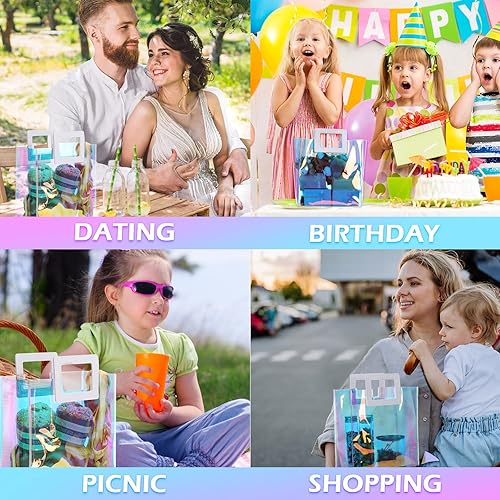 Miniatura 7 de 18 bolsas holográficas transparentes iridiscentes reutilizables con asas, bolsas de regalo de PVC para fiestas, cumpleaños, bodas, baby shower,