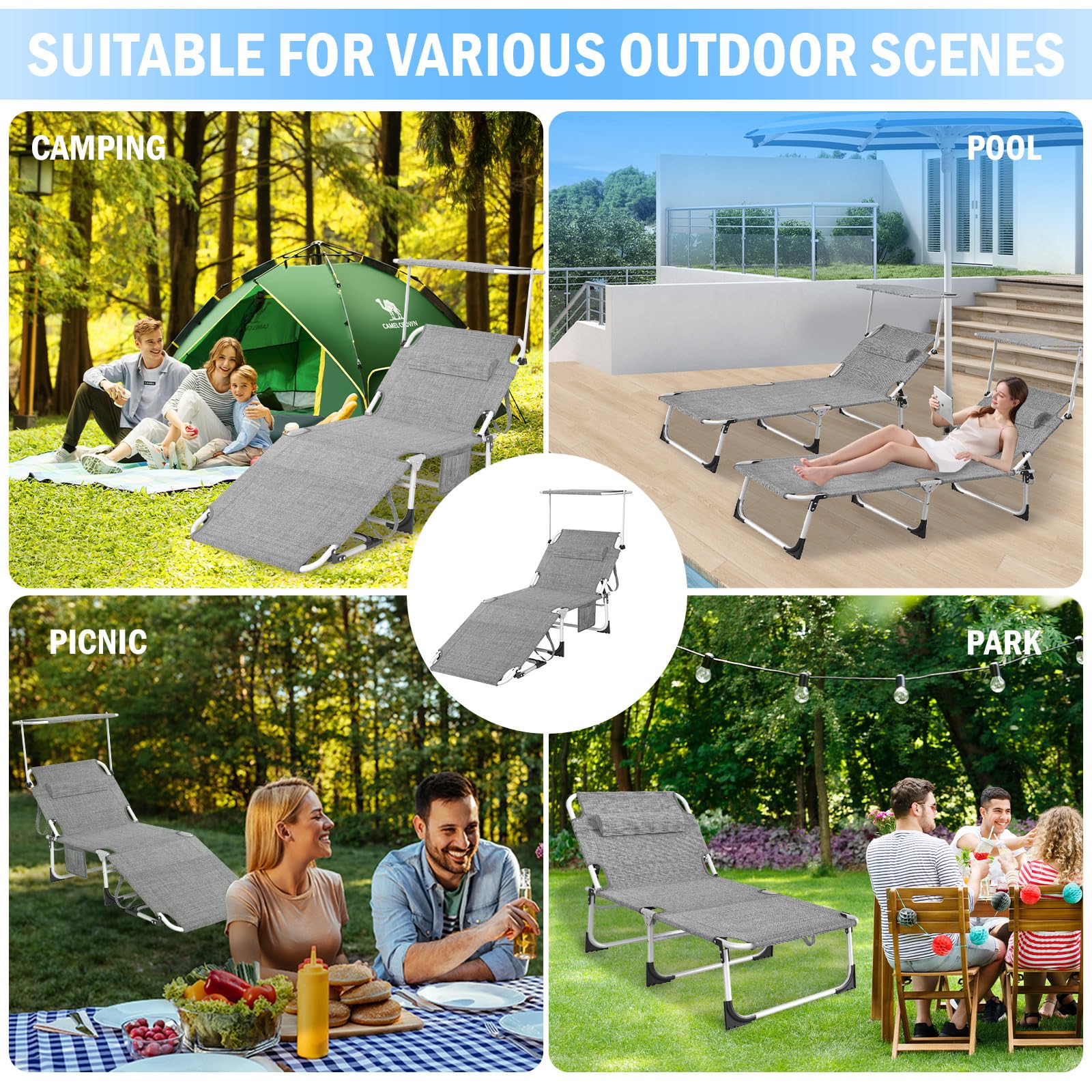 Chaise Longue Pliante，Bain de Soleil Jardin Exterieur，69*195*29CM,Transat de Plage Pliable avec Pare Soleil、Dossier Inclinable et Pochette，Fauteuil Relax，Chaise de Camping Piscine，Gris