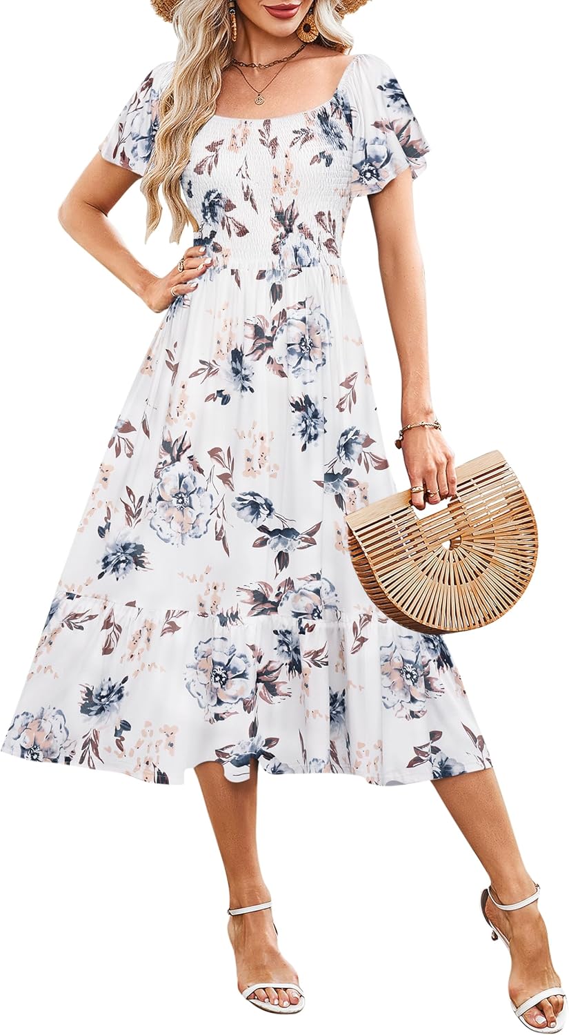 AUSELILY Women's Summer Empire Waist Dress Smocked Flutter Short Sleeve Square Neck Midi Dresses 2025 New