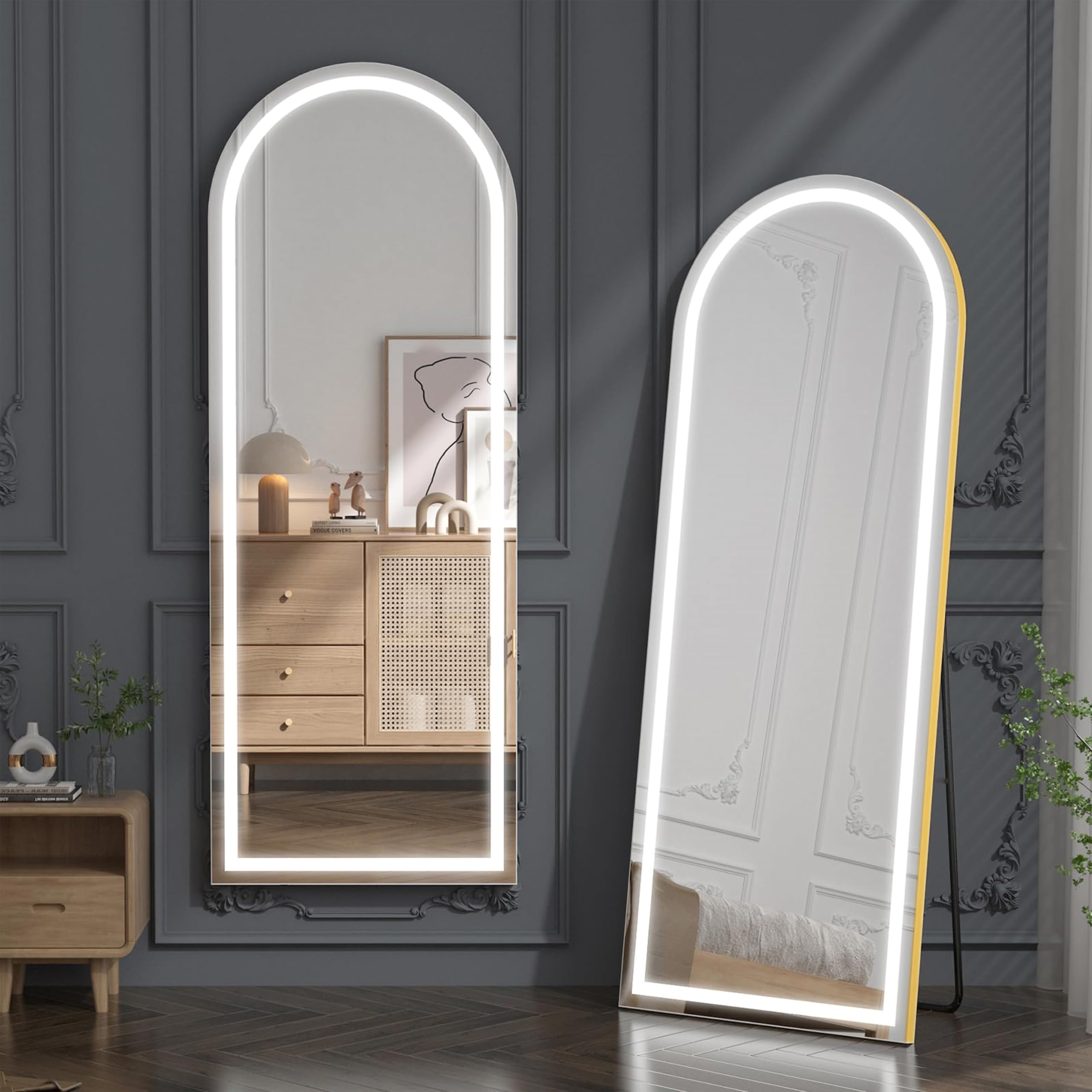 LED Arched Full Length Mirror with Led Lights 160 X 50 Cm | 3 Color Wall Mounted Hanging Full Length Body Mirror with Stand, Floor Standing Mirror with Gold Aluminum Frame