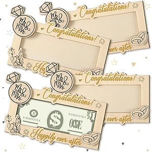 4 قطع هدية نقود الزفاف، بطاقات زفاف للعروس والعريس تهنئة العروس، صندوق بطاقات خشبي حامل نقود ظرف نقود للسيد والسيدة شهر 