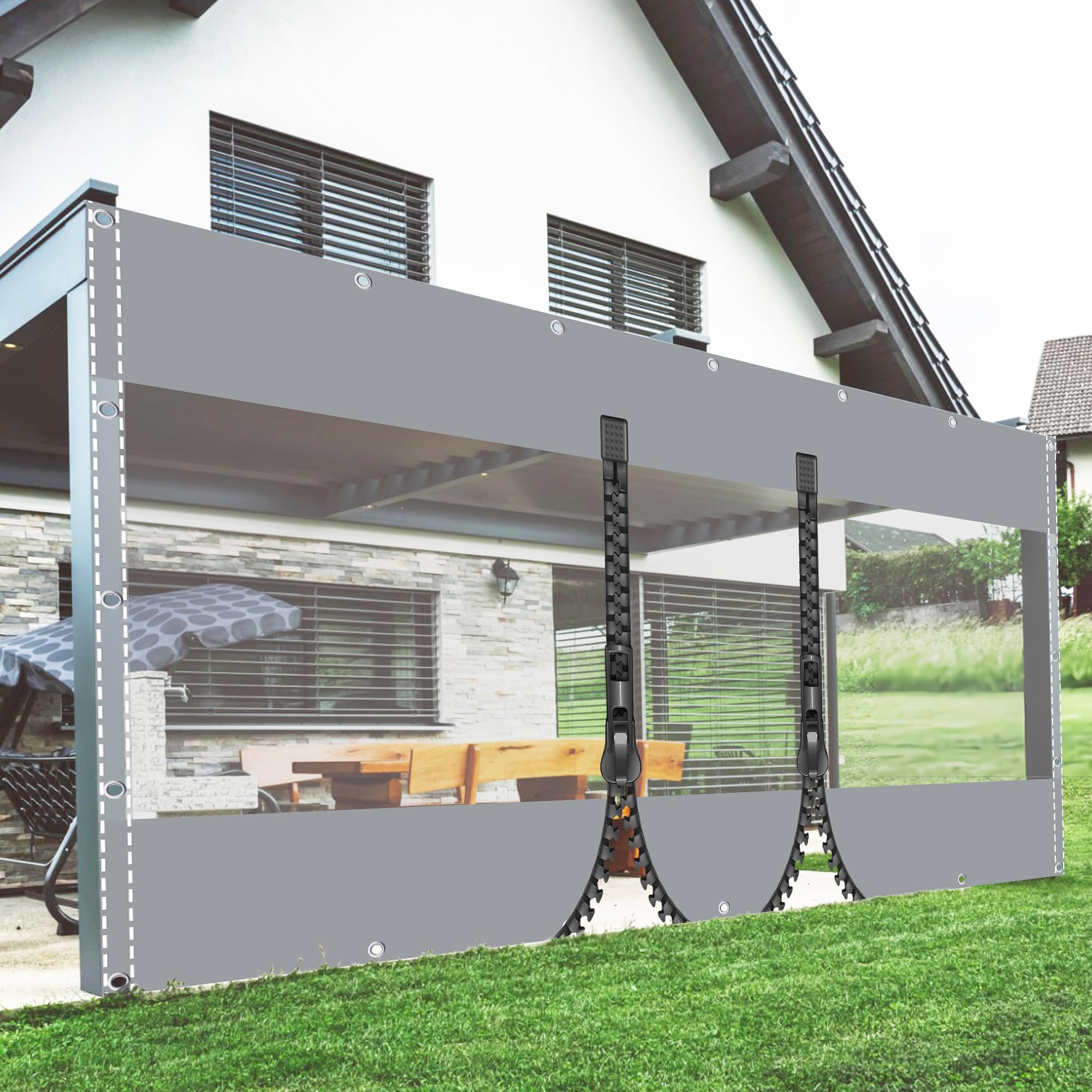 TMGJShd Clear Tarpaulin Heavy Duty 2.2mx2.6m Transparent Tarpaulin Sheet, 0.5mm Transparent PVC Gray+Clear Tarpaulin with Eyelets and Double Zip Waterproof Tarpaulin for Garden, Garage, Gazebo.