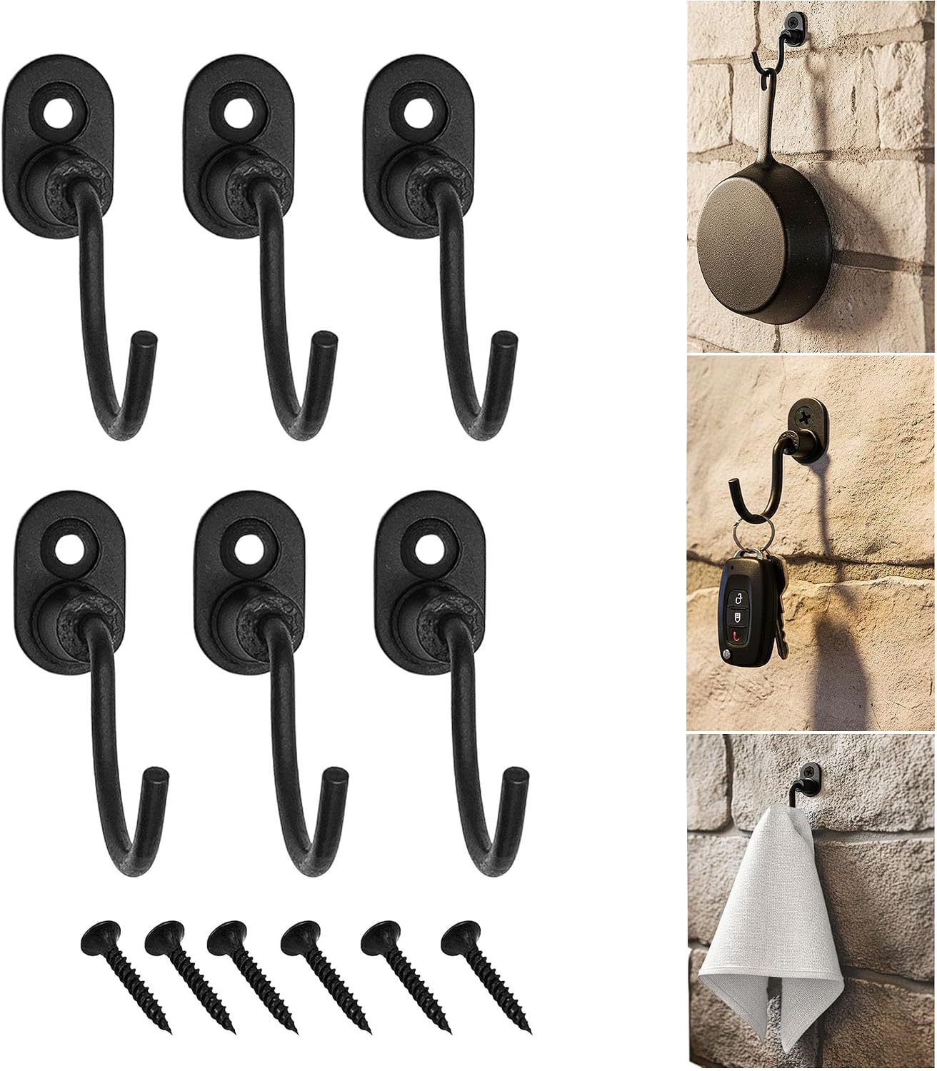 Heavy Duty Wall Hooks - Set of 6 Mild Steel 6 cm Hooks with Screws | Rust-Resistant Finish for Home, Kitchen, Bathroom & Garage Storage (Black Finish)
