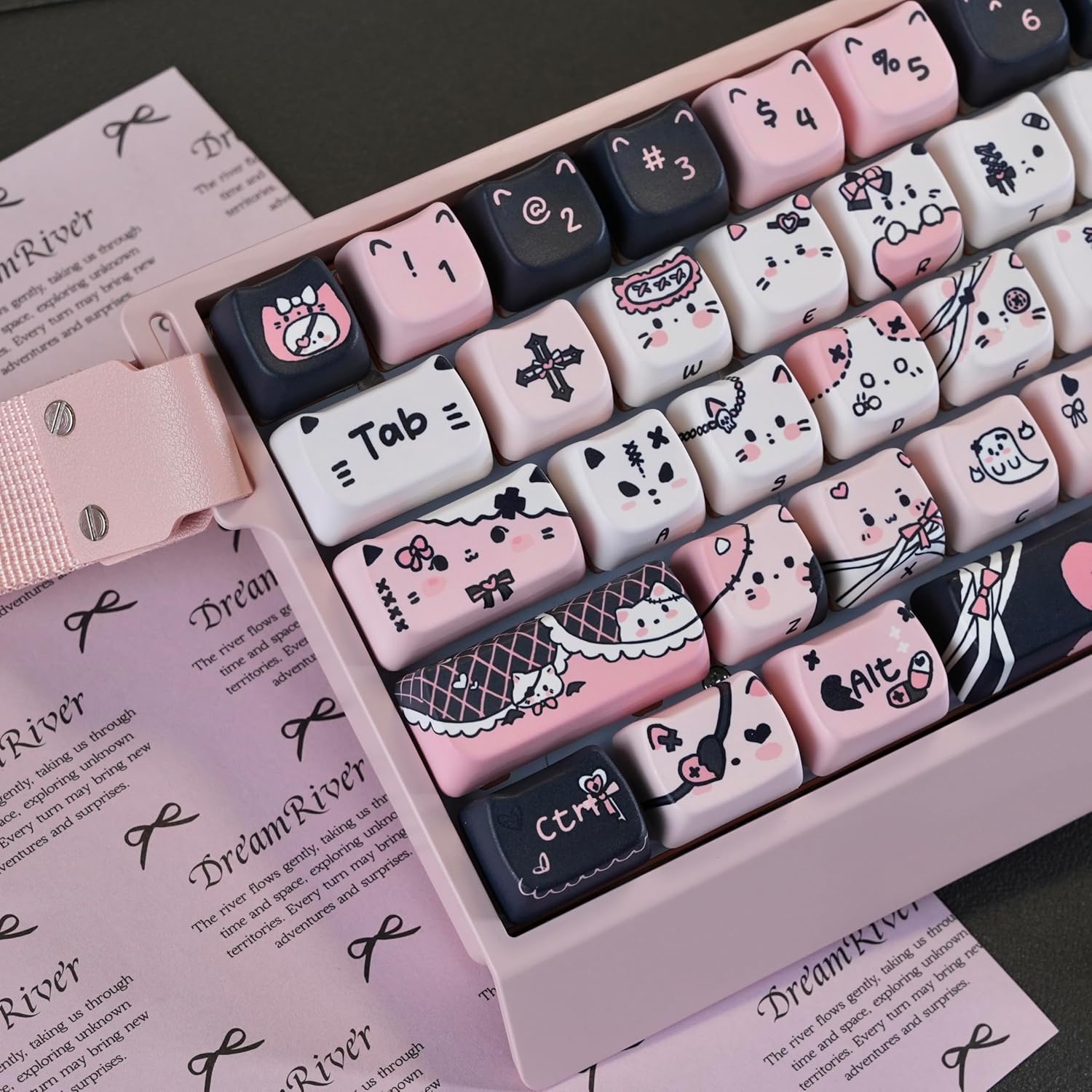Cute Cat Keycaps, Mao Profile Pink and Black PBT Keycaps, 130 Keys Meow Meow Keyboard Keycap Sets Compatible with 65% 75% 96% 100% Cherry Gateron MX Switches Mechanical Gaming Keyboard