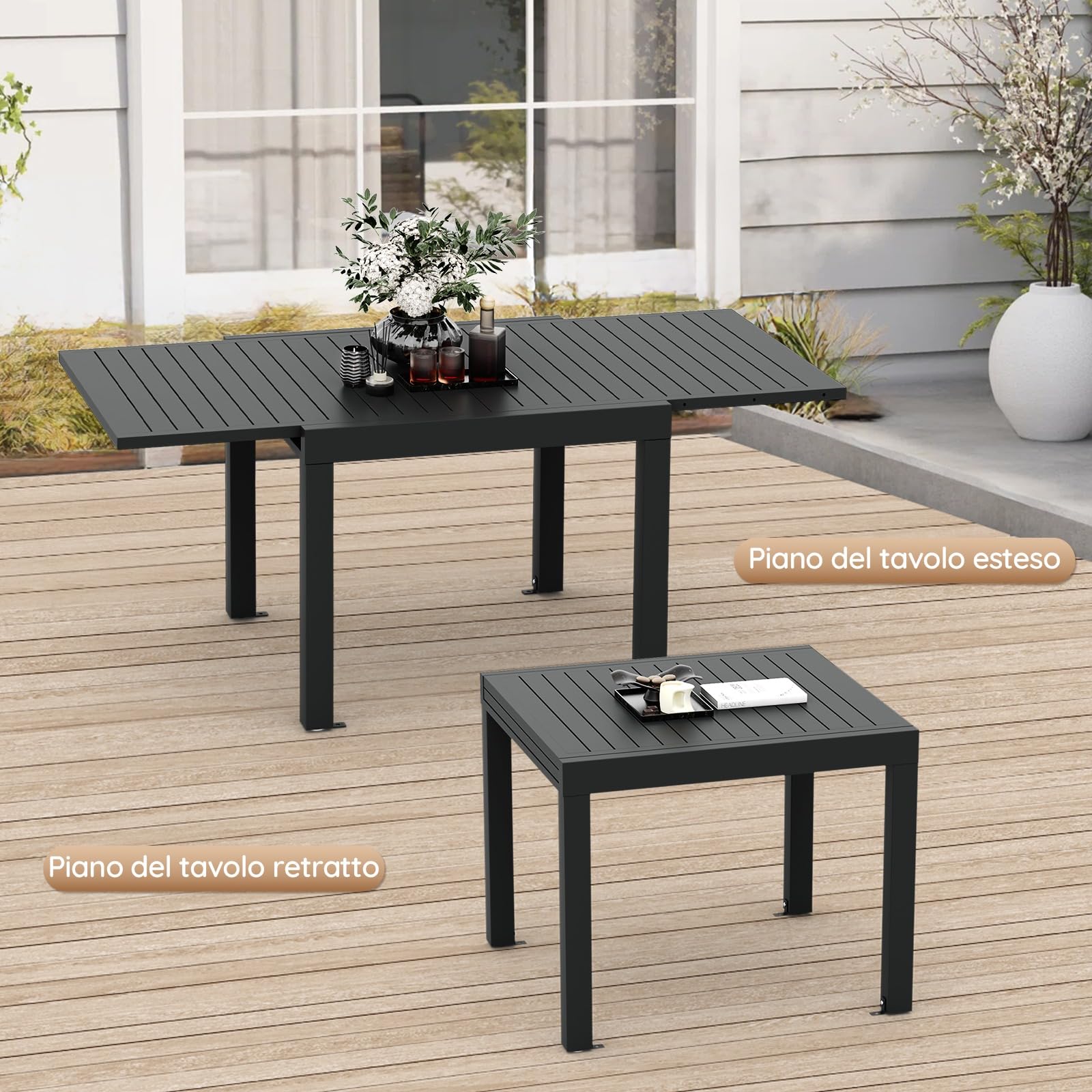 Devoko Tavolo da giardino, allungabile, 80/160 X 80 X 75 Cm, piccolo tavolo allungabile, alluminio, per balcone, resistente alle intemperie, allungabile, tavolo da pranzo per esterni, Grigio scuro