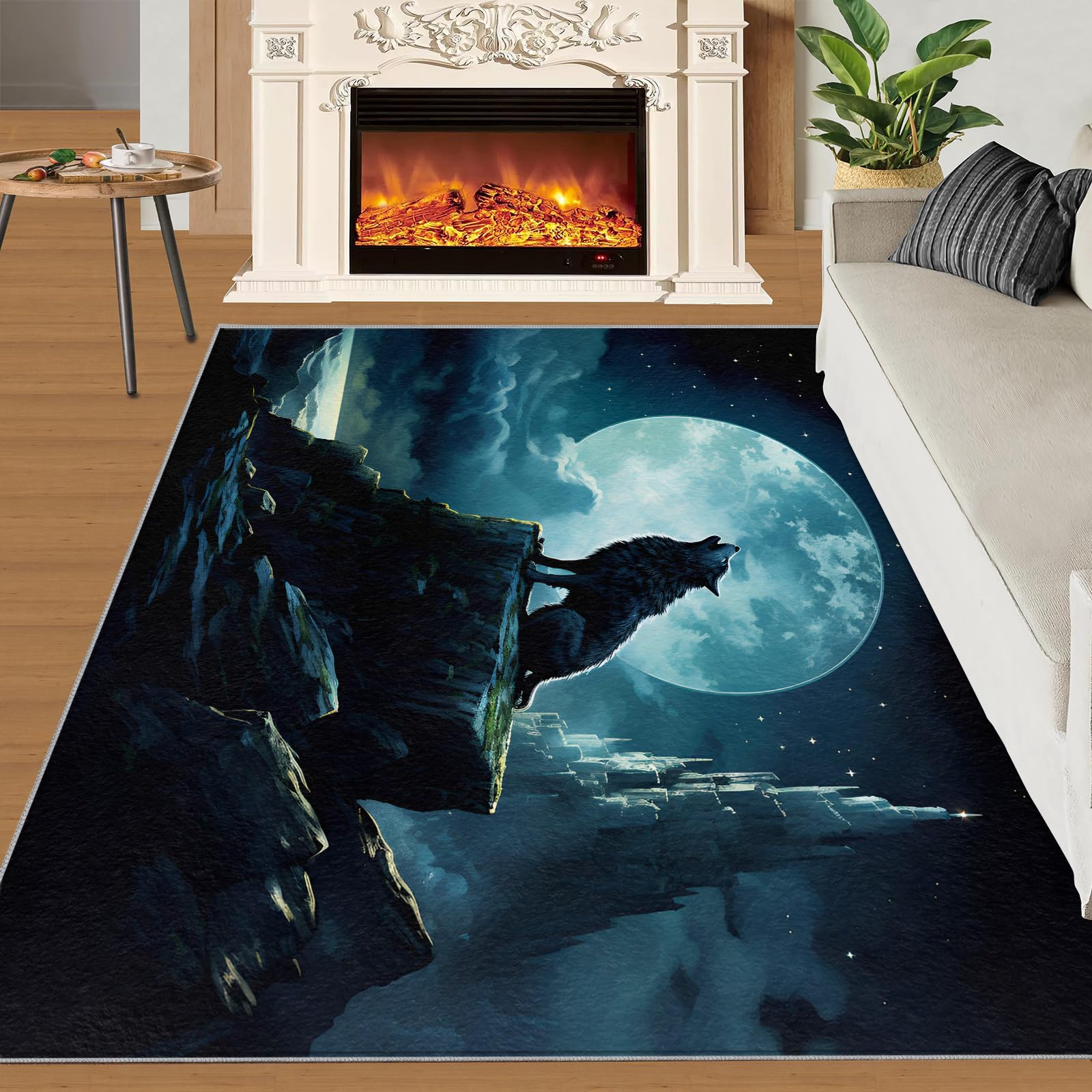 XEODIAT Wolf Mystical Night Sky Area Rug Full Moon Night Non Slip Cushioned, Easy Clean Floor Carpet for Entrance Bedroom Bathroom Kitchen 160 x 230 cm