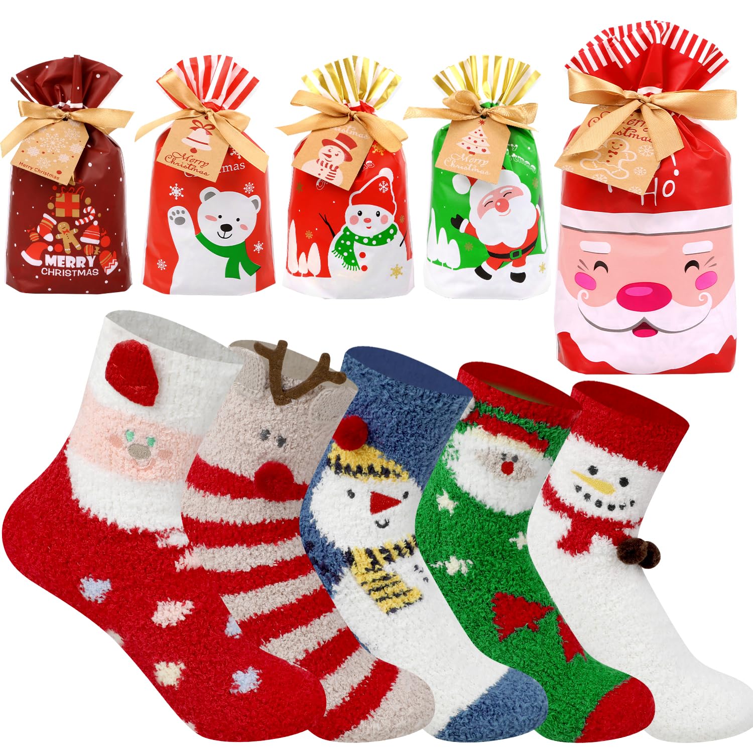SULOLI 5 paires Chaussettes de Noel avec Sac Cadeaux Chaussettes d’Hiver | Chaud Tricot Pompon Décoration Femme Noël Épais Chaussette à la Maison