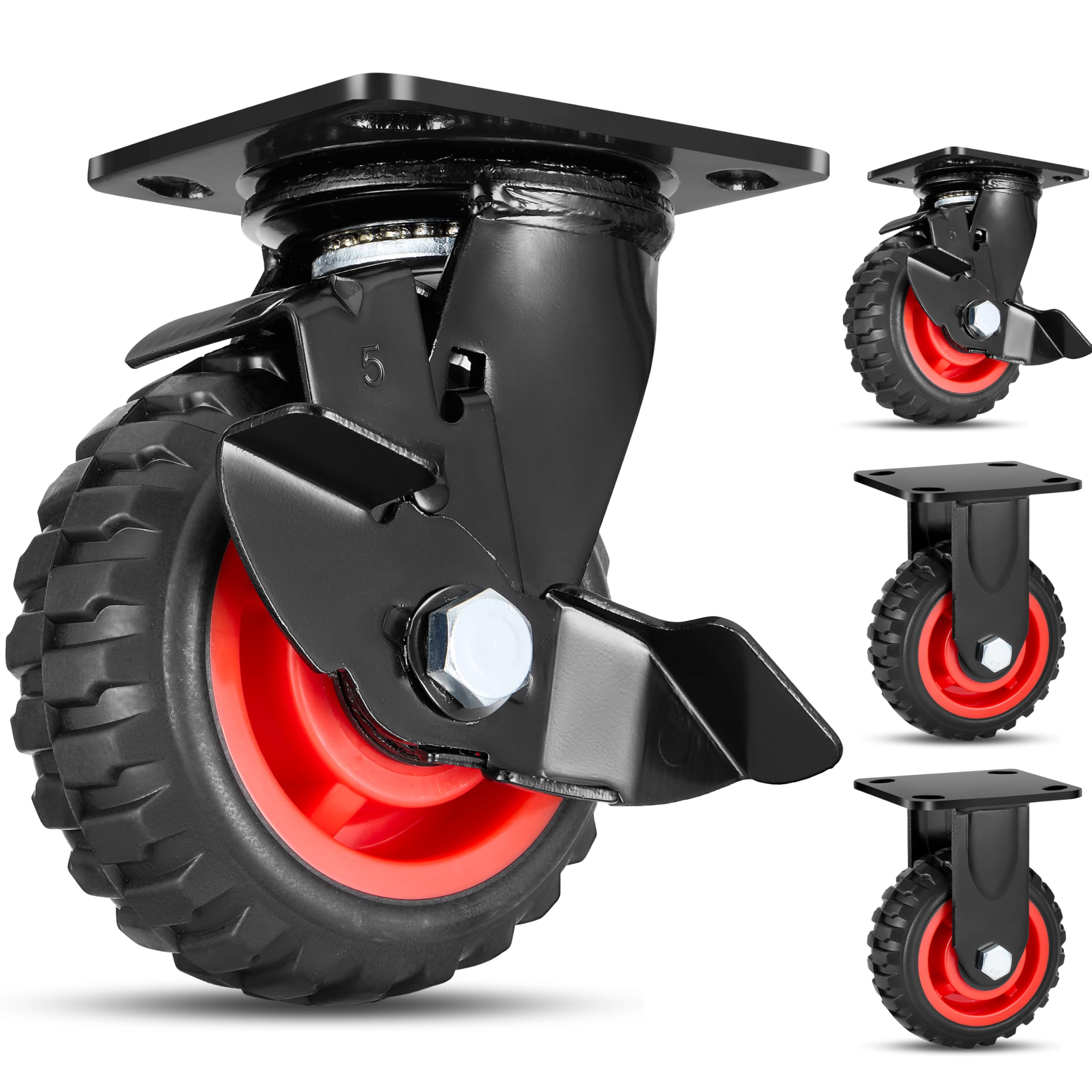 Nfbcxutkw Red+Black 5 Inch Heavy Duty Caster Wheels Set Of 4 (2 Brake & 2 Fixed) 2200 Lbs Solid Rubber Never Flat All-Terrain Swivel Casters W/Knobby Thread For Cart/Dolly/Toolbox/Coop/Workbench/Shed/Grill