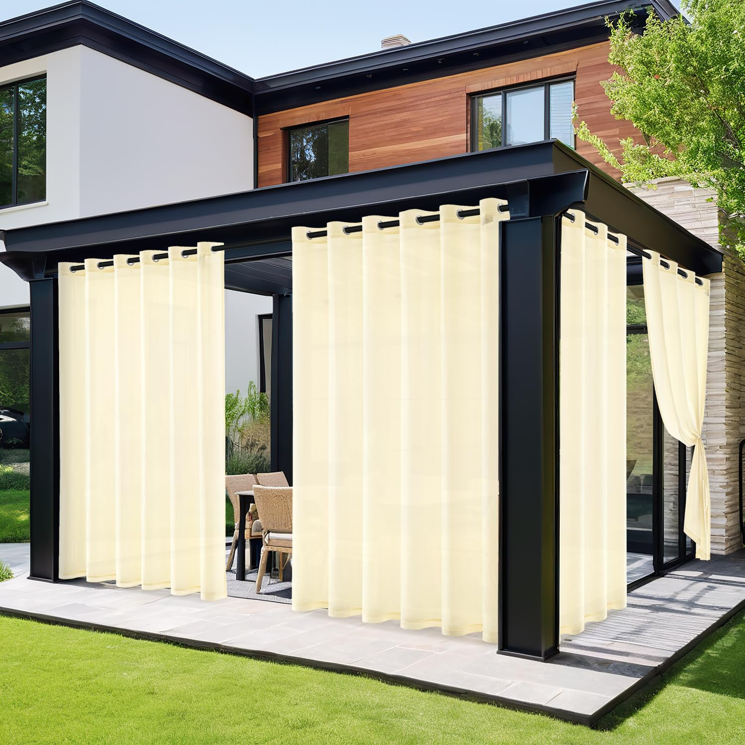 MIULEE Tende per Esterni Impermeabile con Occhielli 2 Pannelli, Tende da Esterno in Voile Semi-Trasparenti per Giardino, Balcone e Gazebo, Beige 140×240cm