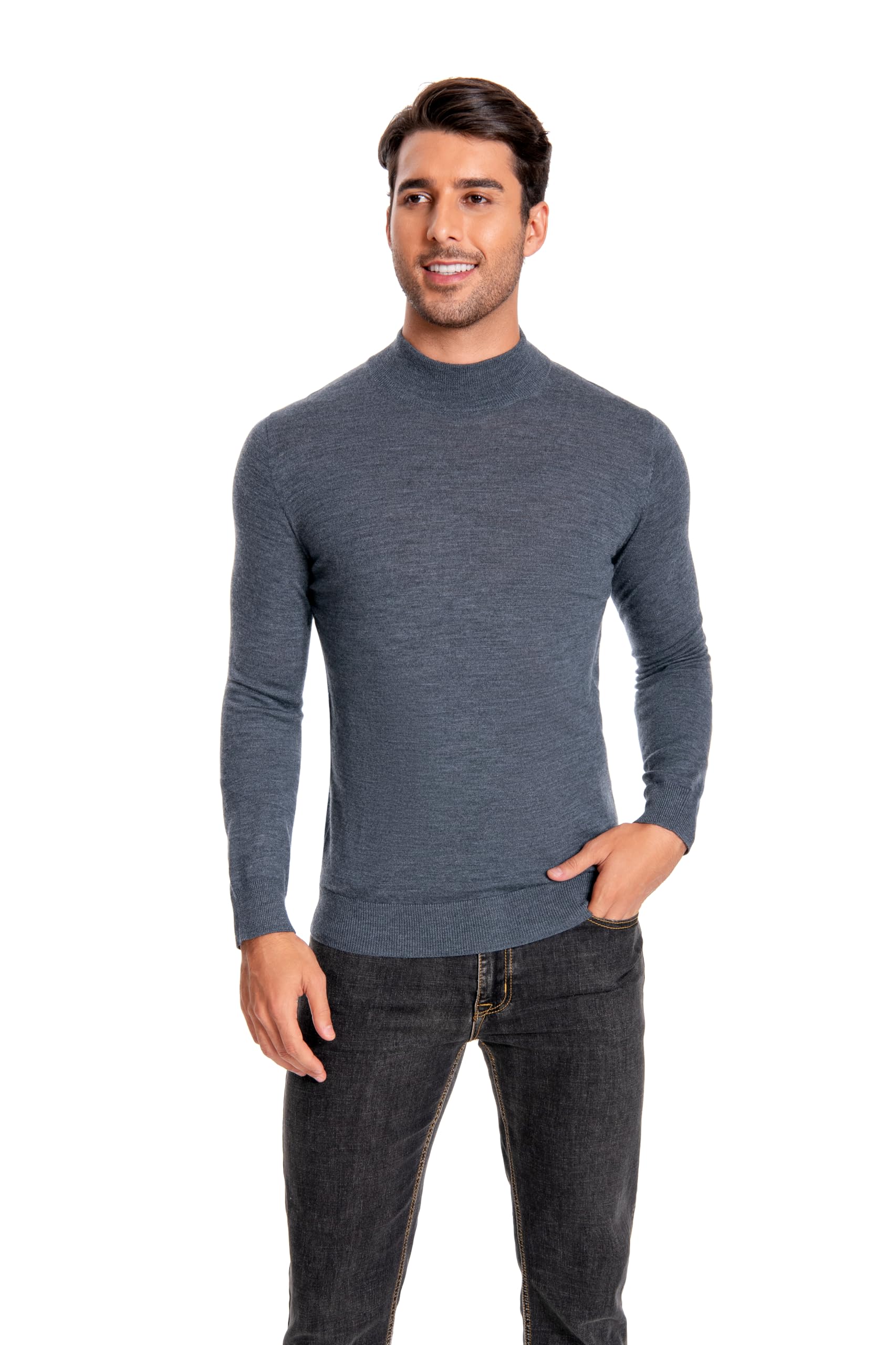 WOSICA Men's 100% Extrafine Merino Wool Long Sleeve Mock Neck Jumper (Grey S)