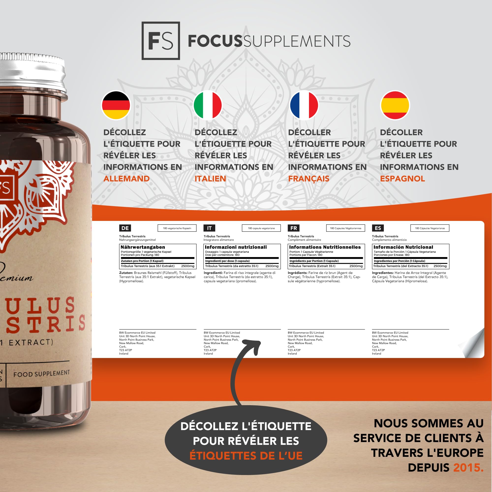 FS Tribulus Terrestris | 180 Capsules de Tribulus Terrestris Haute Teneur - 2500mg de Trib (Extrait 35:1) par capsule | Sans OGM Sans Gluten Sans Allergène | Fabriqué au Royaume-Uni