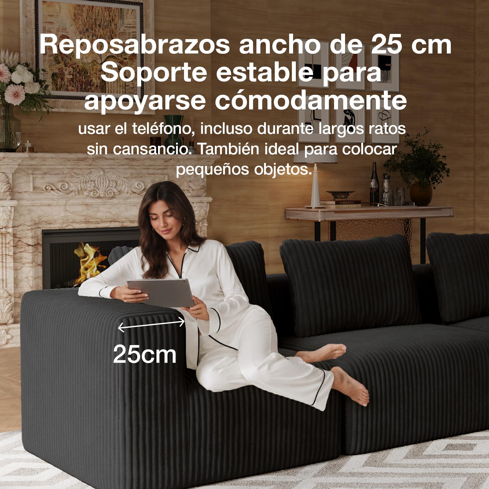 Novilla 270 cm Sofá Esquinero Modular Componible 3 Plazas en Terciopelo | Muelles Ensacados Smarts Coil®, Sin Montaje, Terciopelo Acanalado, 5 Cojines Incluidos