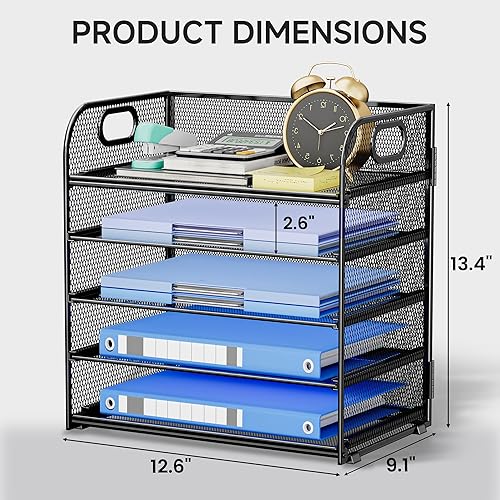 Miniatura 2 de Bandeja organizadora de papel con asa, organizador de escritorio apilable de 5 niveles con malla de metal, bandeja de papel resistente para