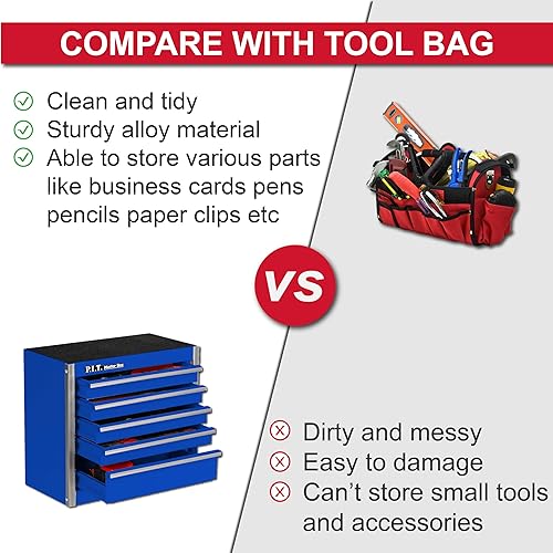 Miniatura 7 de P.I.T. - Minicaja de herramientas azul, portátil, 5 cajones con cabina de acero apilable con forro, pequeña caja de herramientas para herramientas y