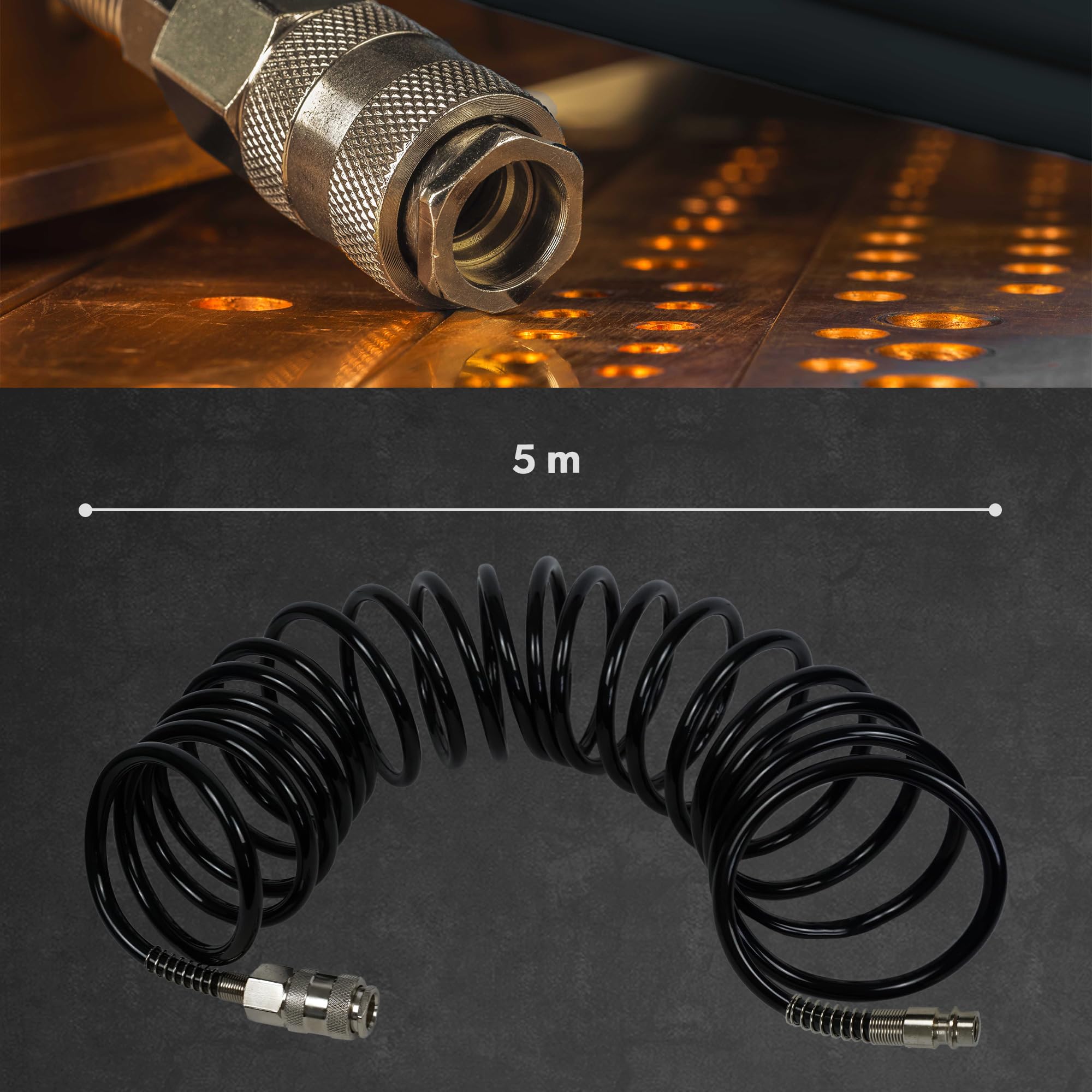 siwitec Kompressor Zubehör-Set: 5 m Druckluftschlauch, Druckluftpistole mit zwei Verlängerungen (6 und 10 cm) und Reifendruckprüfer bis max 12 bar mit vier Adaptern | Druckluftwerkzeug