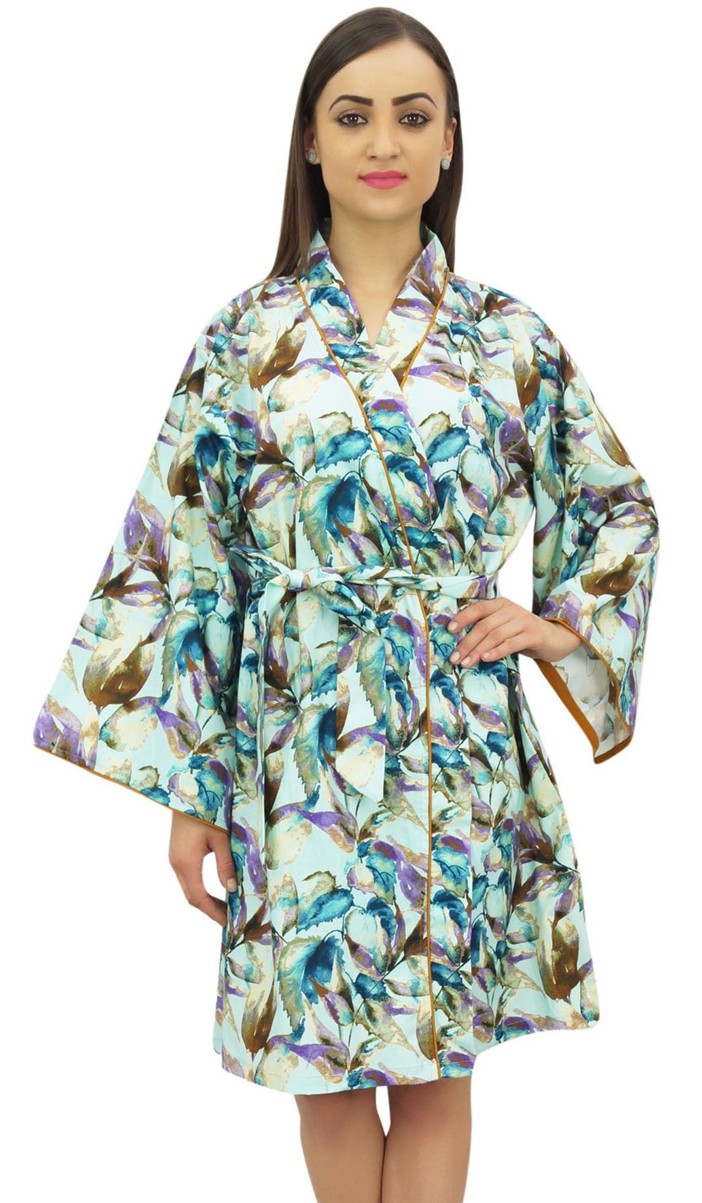 Bimba Women Cotton Poplin Leaf Printed Short Kimono Robe with Belt Cover Up