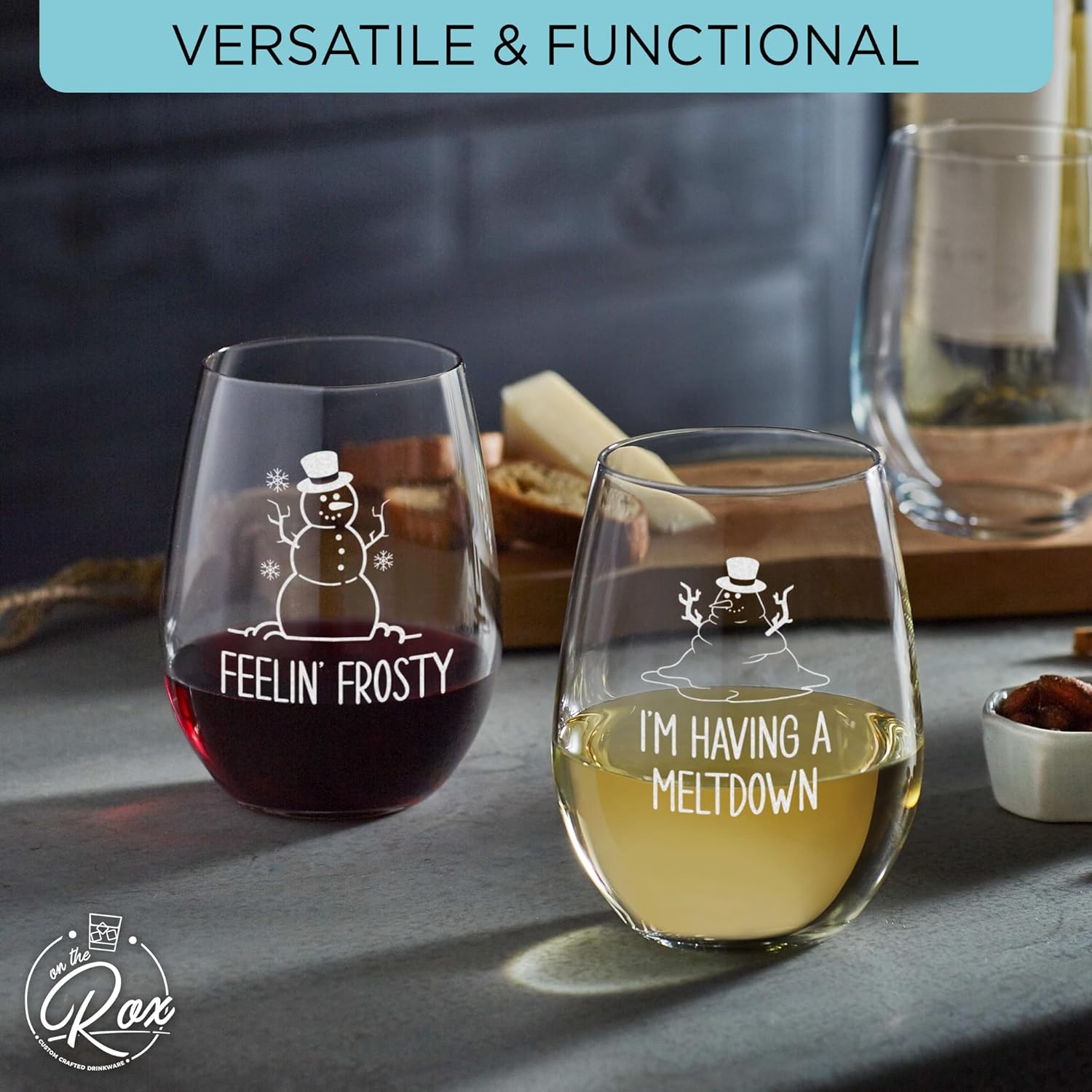 On The Rox Drinks Funny Christmas Wine Glasses - Snowman Holiday Stemless Set of 4 - Wine Holiday Gifts for Her - Cocktail Glasses and Drinkware - Gift Sets for Christmas