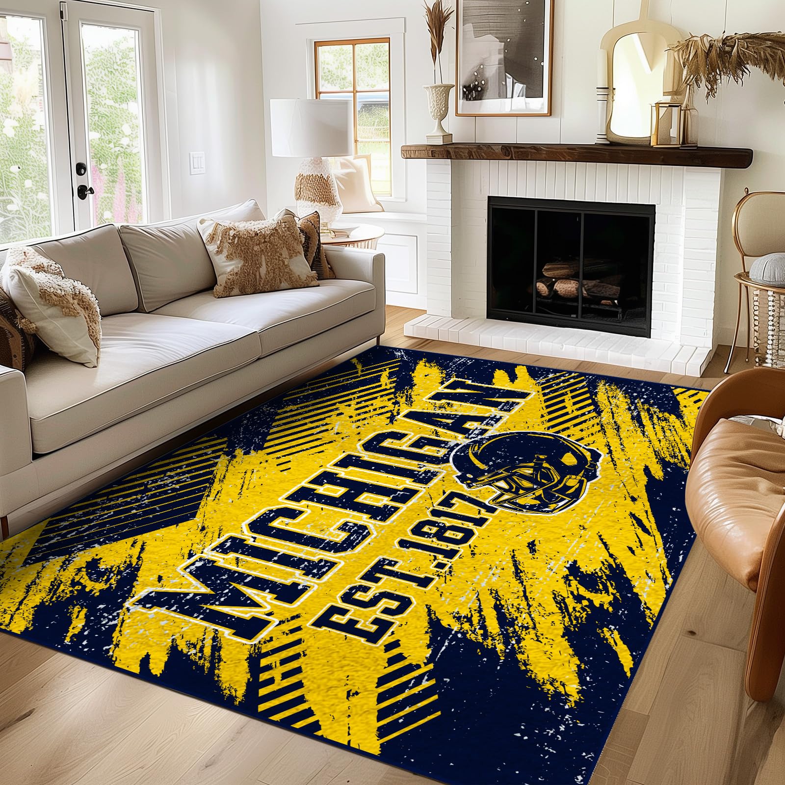 Michigan Rugs Bedroom Living Room Football Carpet Non-Slip Machine Washable Area Rug for Boys and Man Cave Decor 5' x 7'