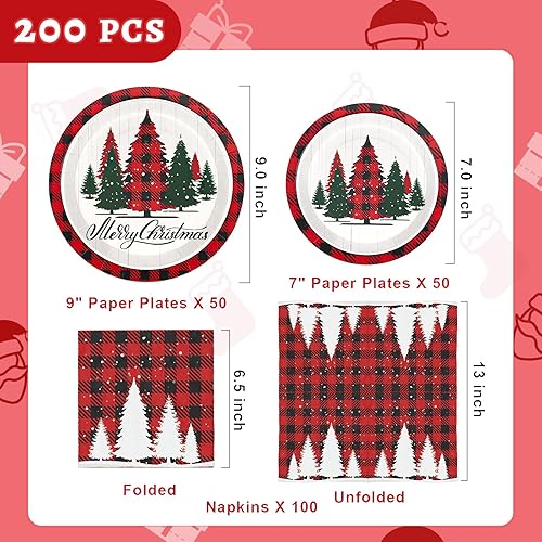 Miniatura 4 de Homlouue 200 platos y servilletas de papel de Navidad, platos y servilletas rojos y blancos de Papá Noel, desechables, platos y servilletas de
