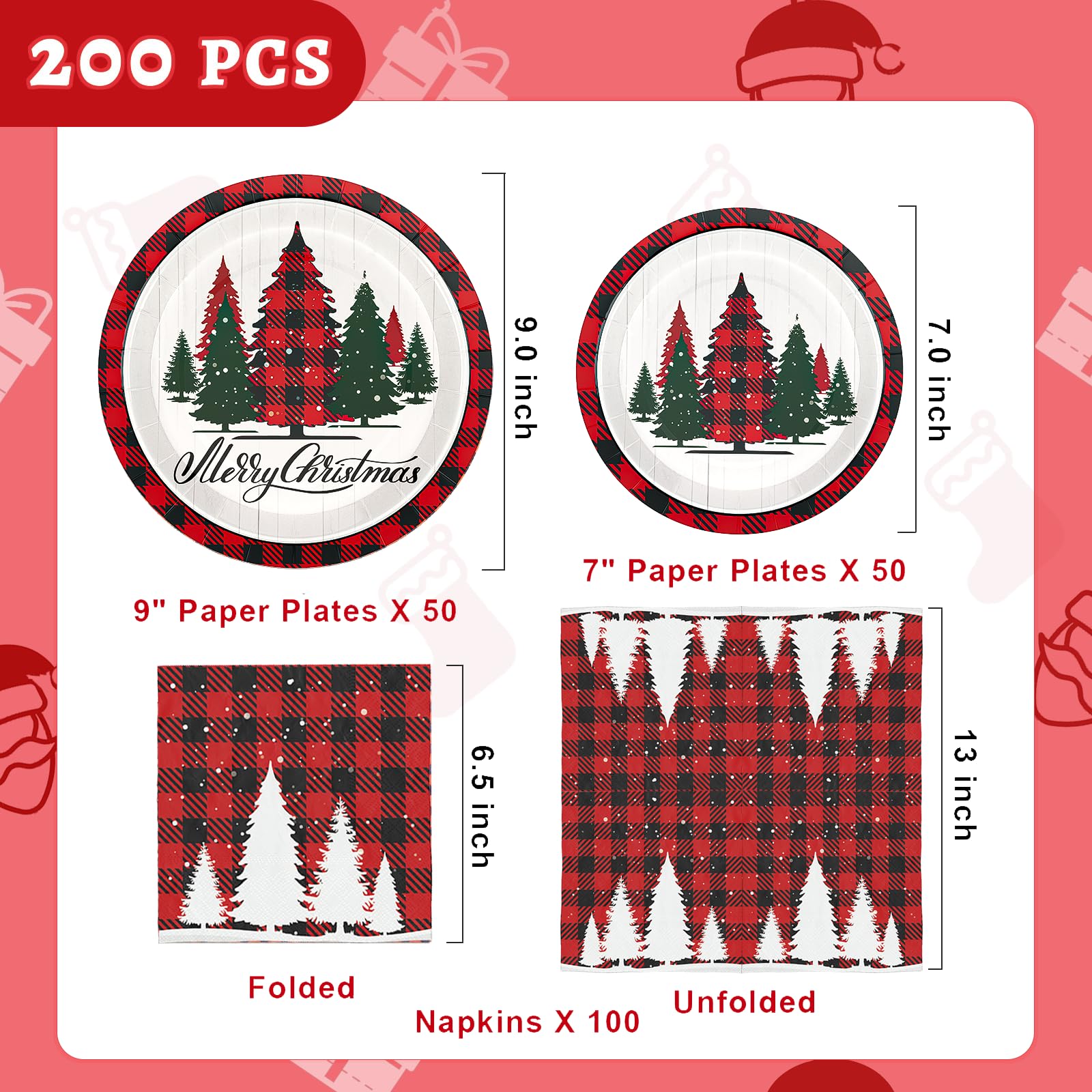 Homlouue 200 platos y servilletas de papel de Navidad, platos y servilletas rojos y blancos desechables, platos y servilletas de Navidad para 50 invitados, decoraciones de mesa de fiesta de Navidad