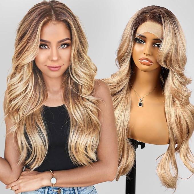 Dirty Blonde Synthetic Lace Front Wig,13x4 HD Lace Layered Wave Glueless Wigs for Women Daily Use 26IN