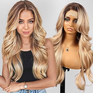 KOME Dirty Blonde Layered Wave 13x4 Synthetic Lace Front Wig for Women 26IN
