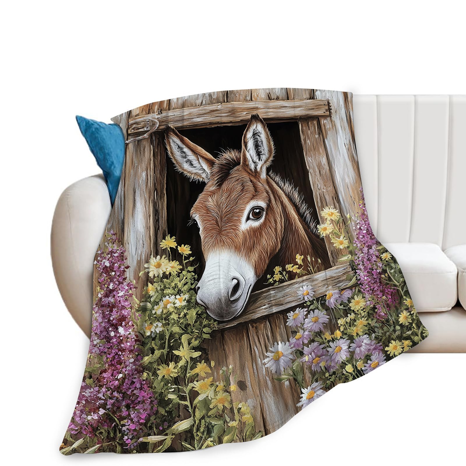 Donkey Throw Blanket Farmhouse Donkey Lovers Blankets Ultra Soft Warm Flannel Fleece Lightweight Fuzzy Decor Gifts for Women Men Girls Boys 50"x40"