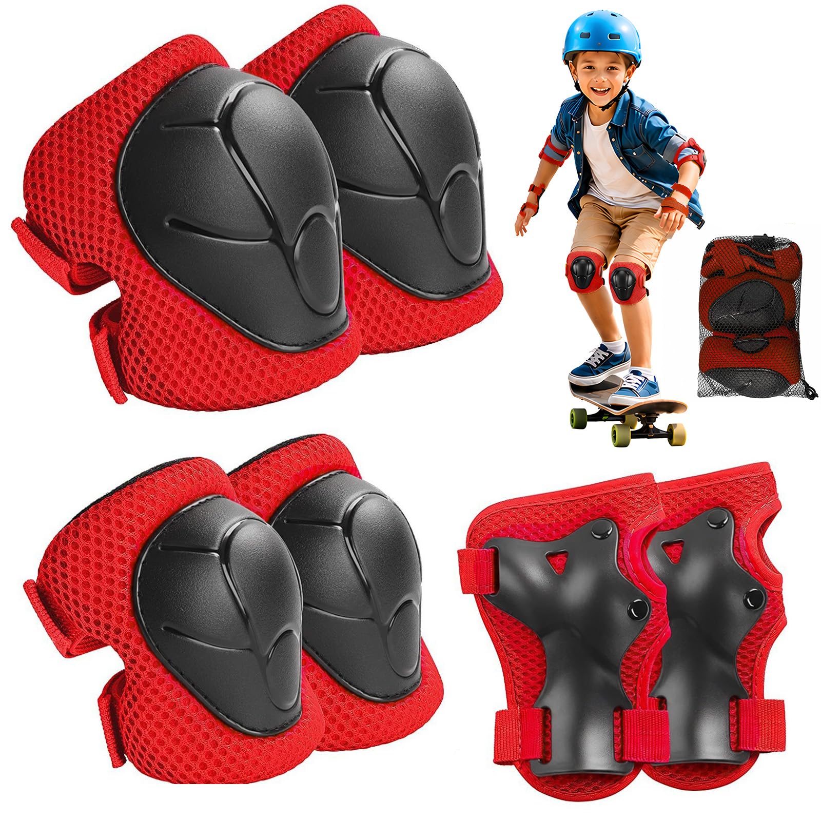Lafefe 6PCS Red Kids Protective Gear Set Knee Elbow Wrist Pads, Lightweight Breathable Mesh & Hard Shell, Adjustable Straps Safety Pads S Size for Roller Skating Cycling Skateboard