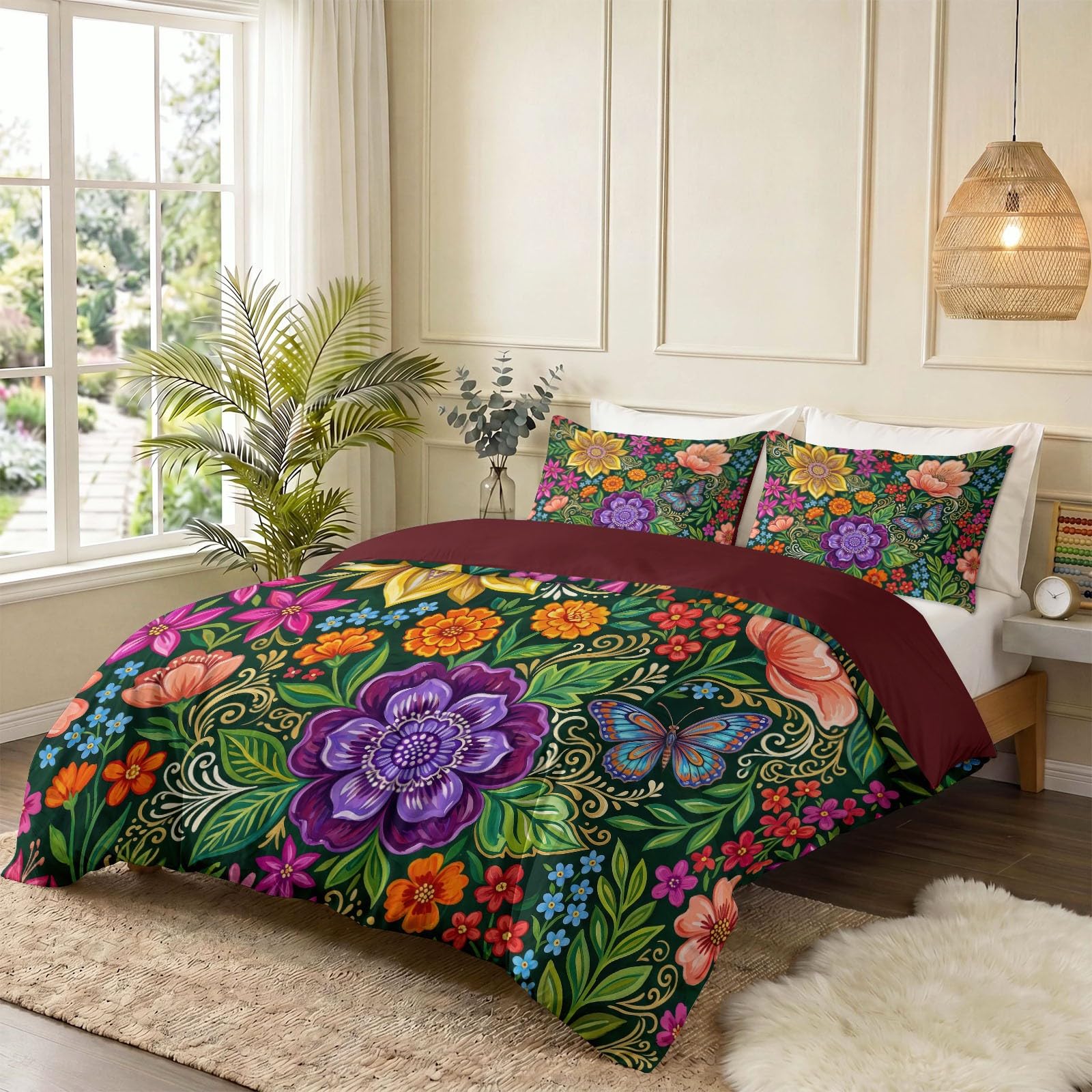 3-częściowy komplet pościeli 135 x 200 cm, z mikrofibry, na lato, czerwona, czeska botanika i nadruk zwierzęcy, dwustronna poszwa na kołdrę z zamkiem błyskawicznym i 2 poszewki na poduszkę 80 x 80 cm