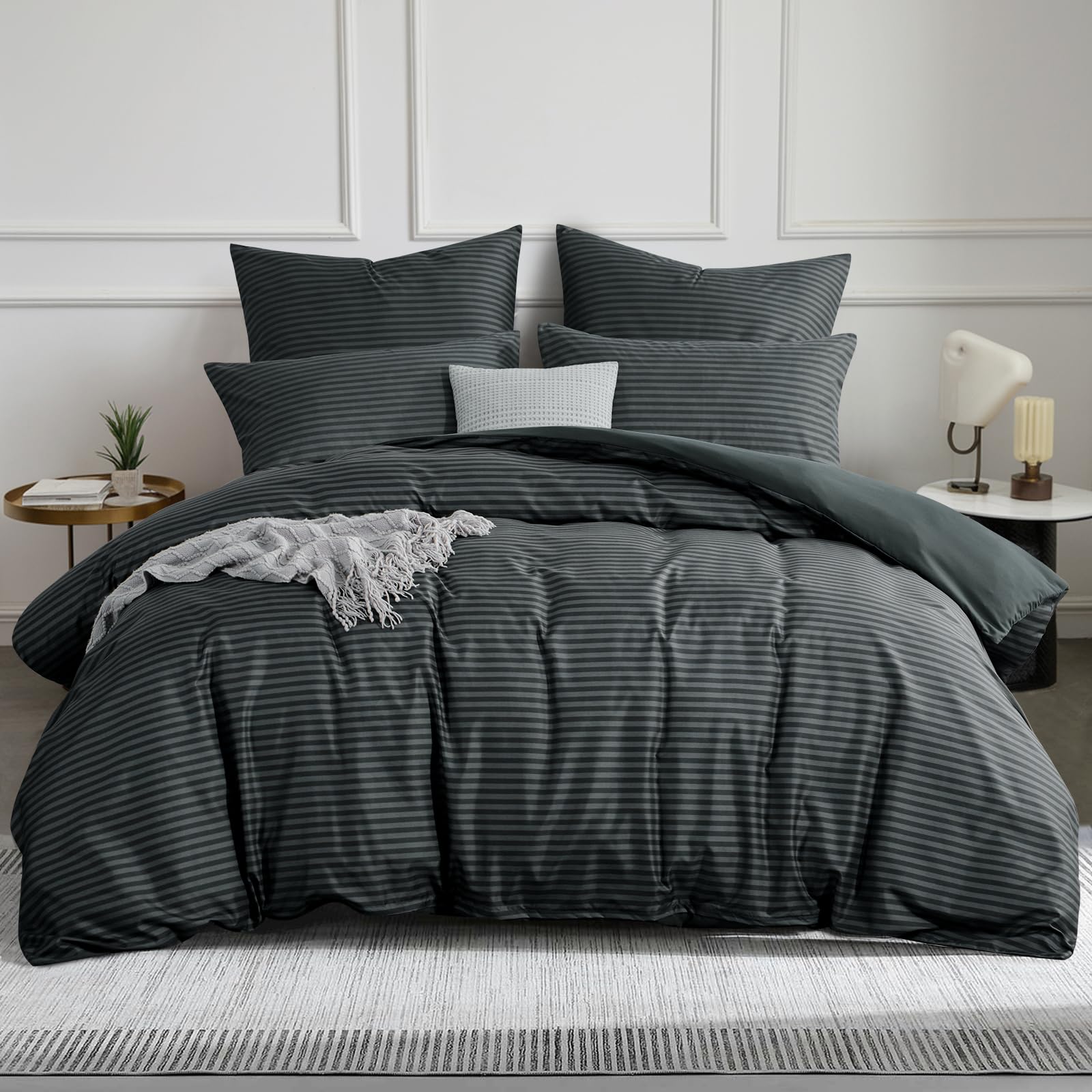 Aisbo Super King Bedding Duvet Cover Sets, 3 Pieces Striped Bedding Set Black and Grey