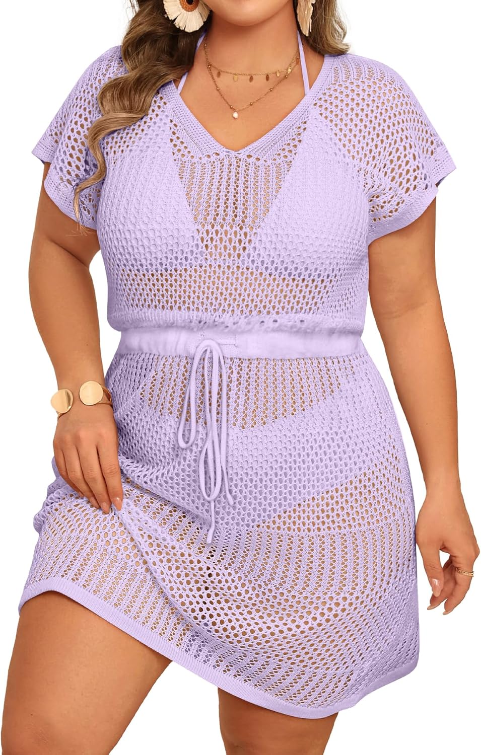 Aqua Eve Plus Size Swimsuit Cover Up for Women-Crochet Beach Dress V Neck Tie Waist Bathing Suit Cover Up