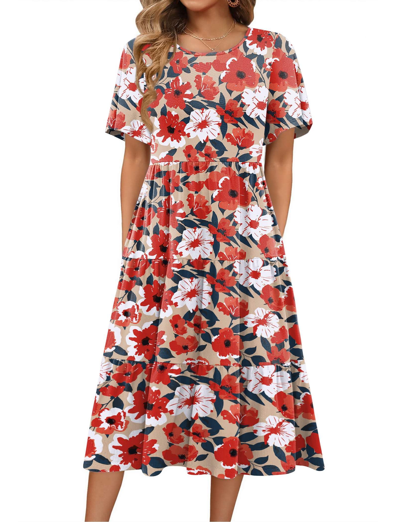 Zeagoo Women's Summer Dress Midi Floral Flutter Short Sleeve Casual Dresses with Pockets Tiered Flowy Boho Beach Dress