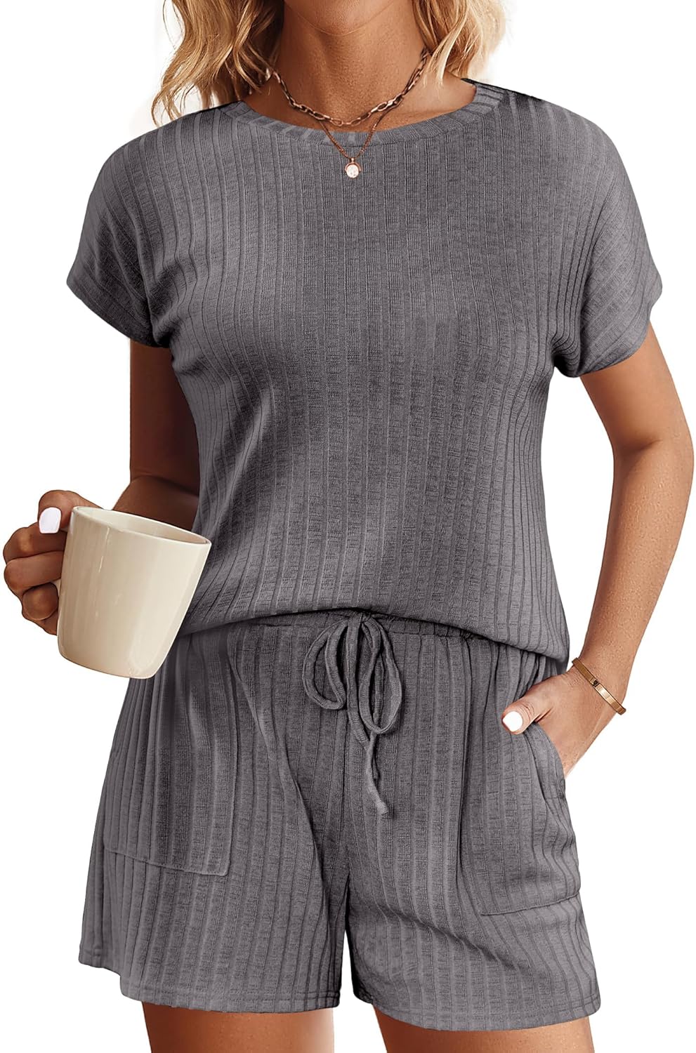 Ekouaer Pajamas Set for Women 2 Piece Pjs Ribbed Knit Lounge Set Cap Sleeve Loungewear Sleepwear S-XXL