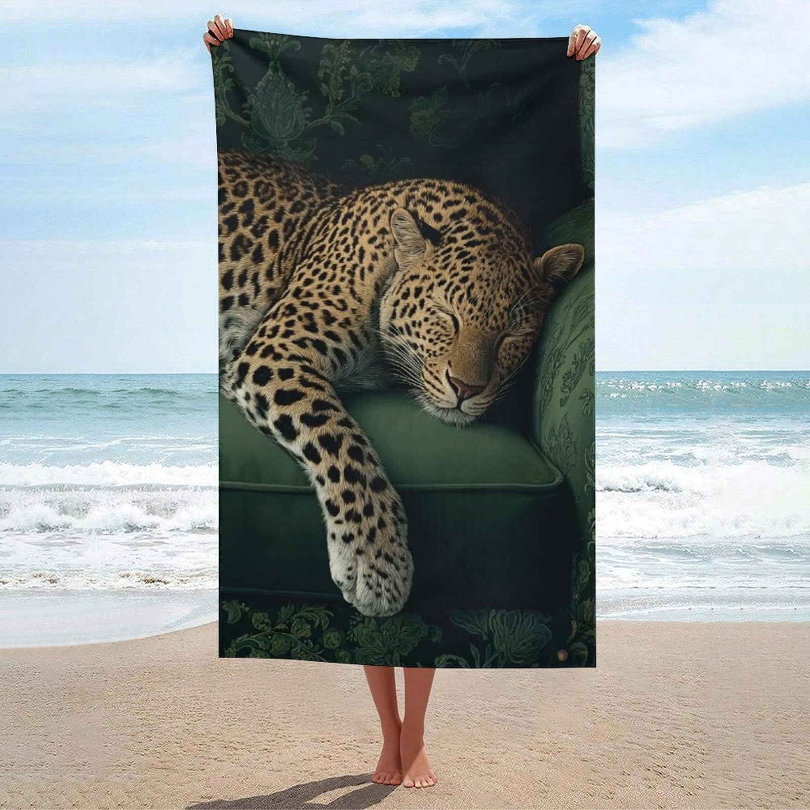 asbwuo Leopard Sleeping on The Green Sofa Beach Towel