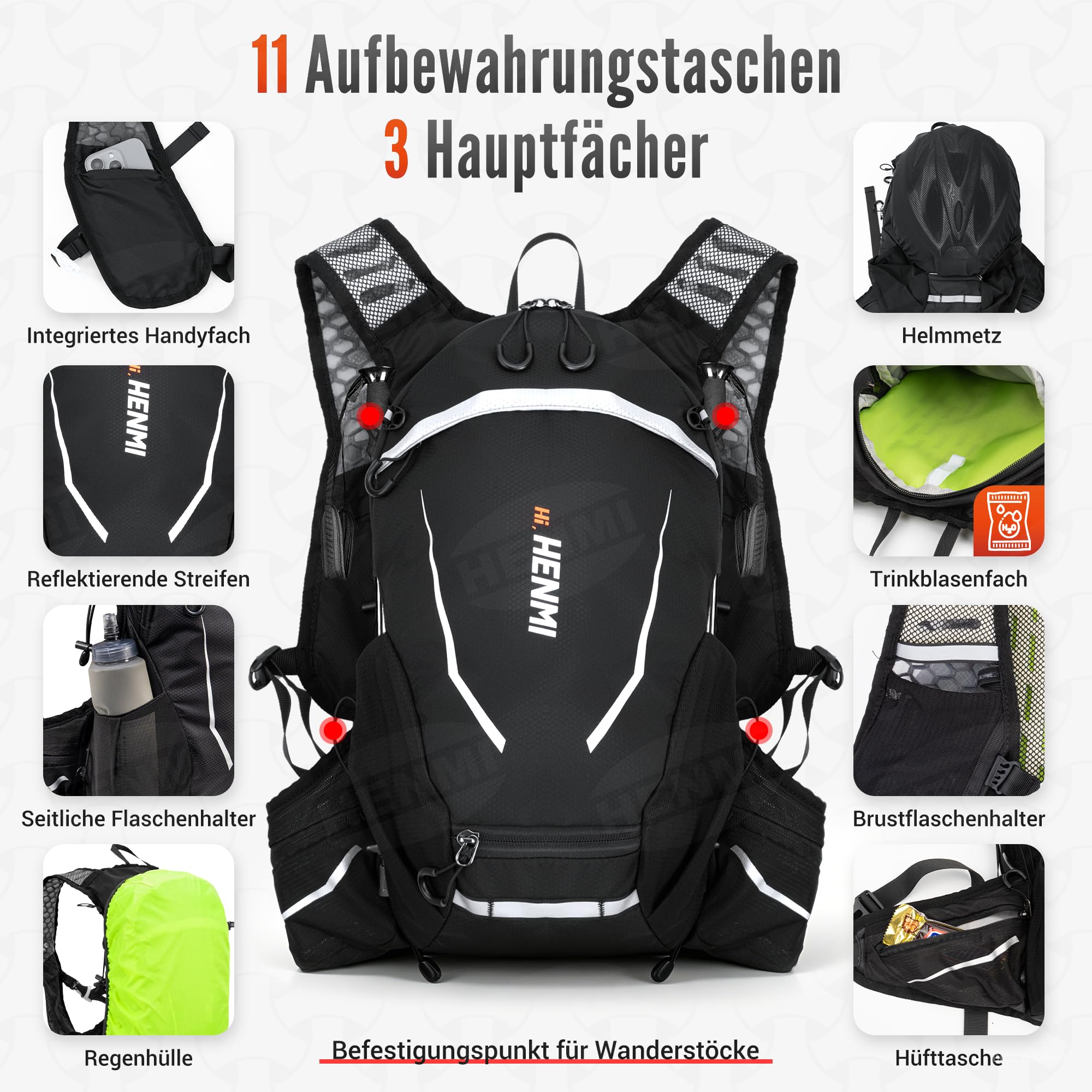 HENMI Fahrradrucksack 16L Ultraleicht & Atmungsaktiv 0,46kg – Wanderrucksack mit XPE Rückenbelüftung & Trinkblasenfach, Kleiner Rucksack mit Helmnetz & Regenhülle für MTB Radfahren Wandern