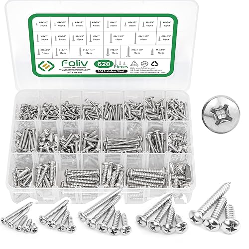 FOLIV Tornillos de madera de Philips de cabeza plana de acero inoxidable 620pcs, 4#6#8#10#12 Kit surtido de tornillos autorroscantes