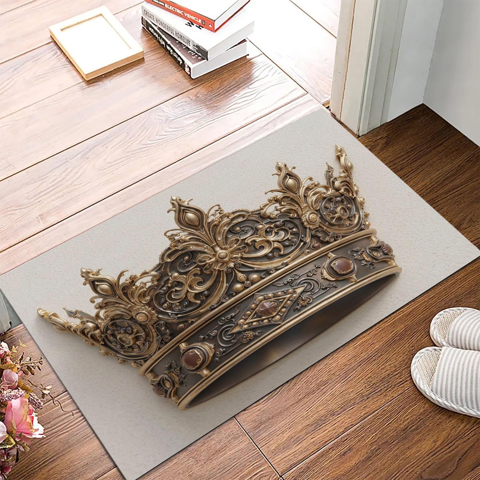 Paillasson lavable couronne en métal 60x90cm style luxe pour porte d'entrée