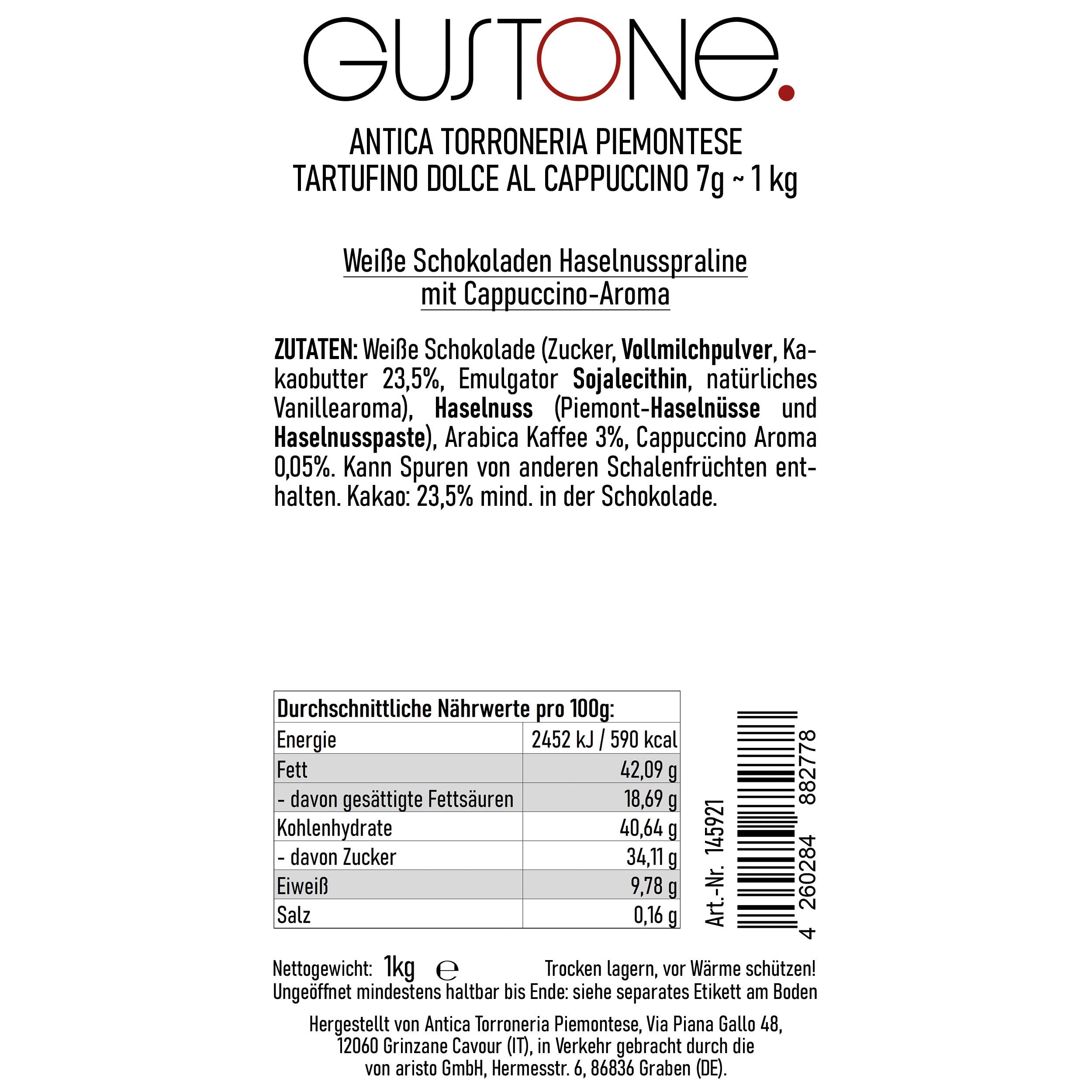 GUSTONE. Tartufini Dolci al Cappuccino Antica Torroneria Piemontese 140 1kg | Trüffel-Praline weiße echtem Arabica-Kaffee, Schokoladentrüffel, Piemont-Haselnüsse IGP, glutenfrei
