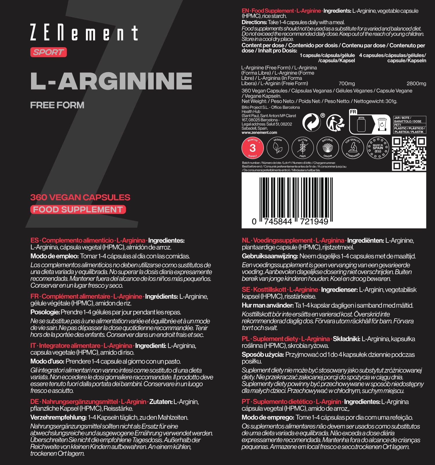 L-Arginine 2 800 mg par dose journalière (4 Capsules) – Arginine Pure et sous Forme Libre, sans HCL pour une Meilleure Biodisponibilité – 360 Capsules pour 3 Mois – Zenement